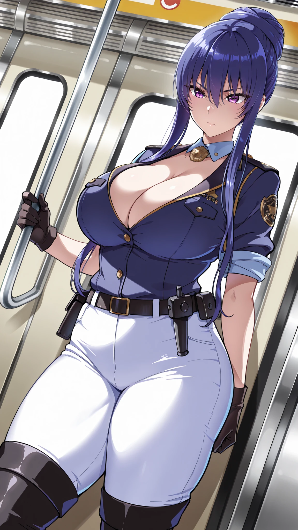 on the train,at an angle,Akiyama Rinko,bun hair,Round hairstyle,policewoman,good-looking woman,serious face,Bec Yan,White Pants,belt,black thigh high boots,navy blue jacket with rolled up sleeves,Exposing cleavage,black ladies gloves,thick thighs,Standing,