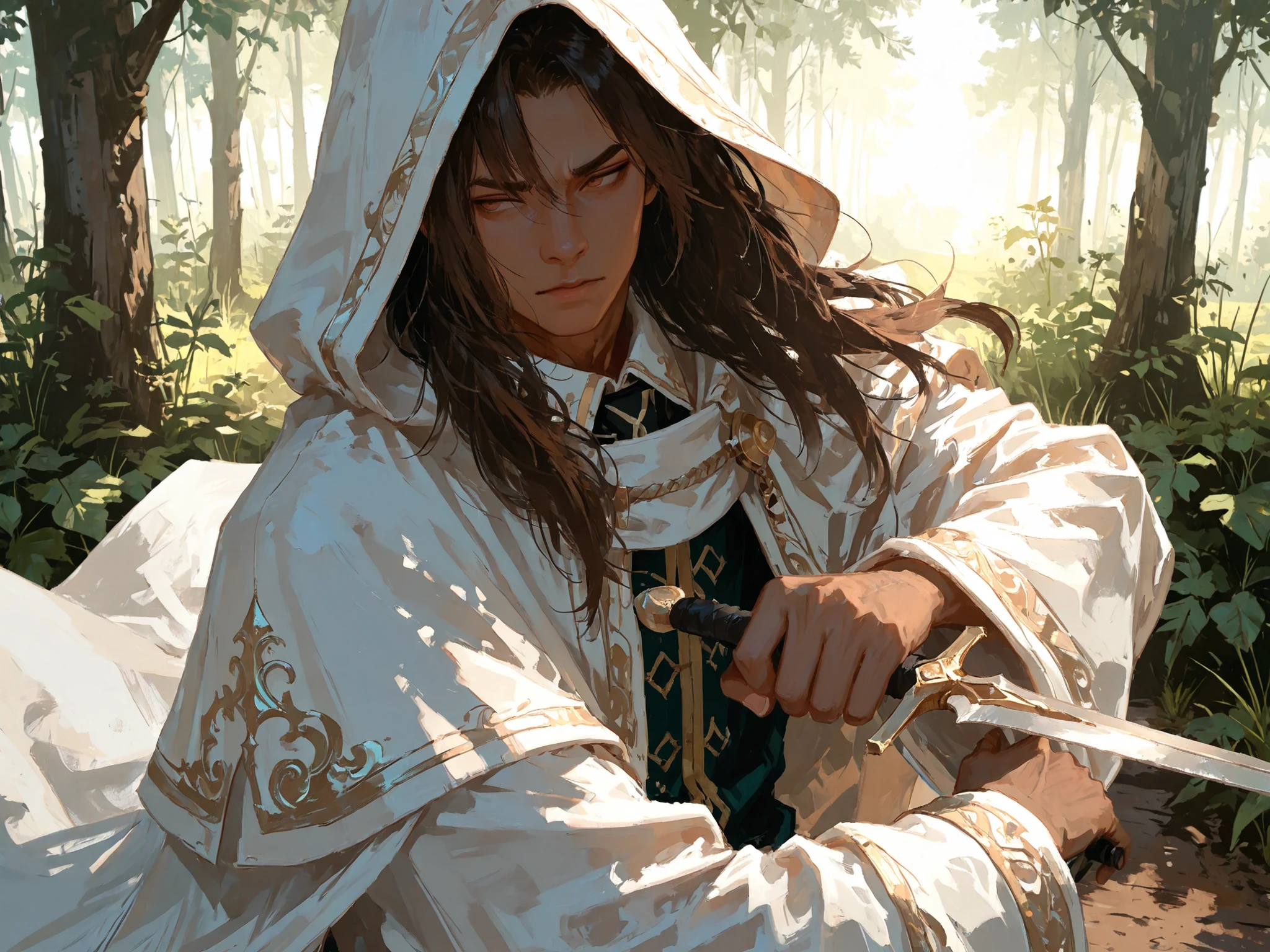 close-up shot, side angle, makes an aesthetic, Master piece, Best Quality, ultra detailed, a handsome (man:1.6), solo, (male:1.6) , dark brown hair, male long hair, beautiful gold eyes, toned, dark skinned, white aristocrat tunic with gold stitch, running away, white long cloak, hood up, looking back at pursuers, squinting, holding a dagger, action pose, Sacred forest, wild mist forest, greenery, morning, fantasy world