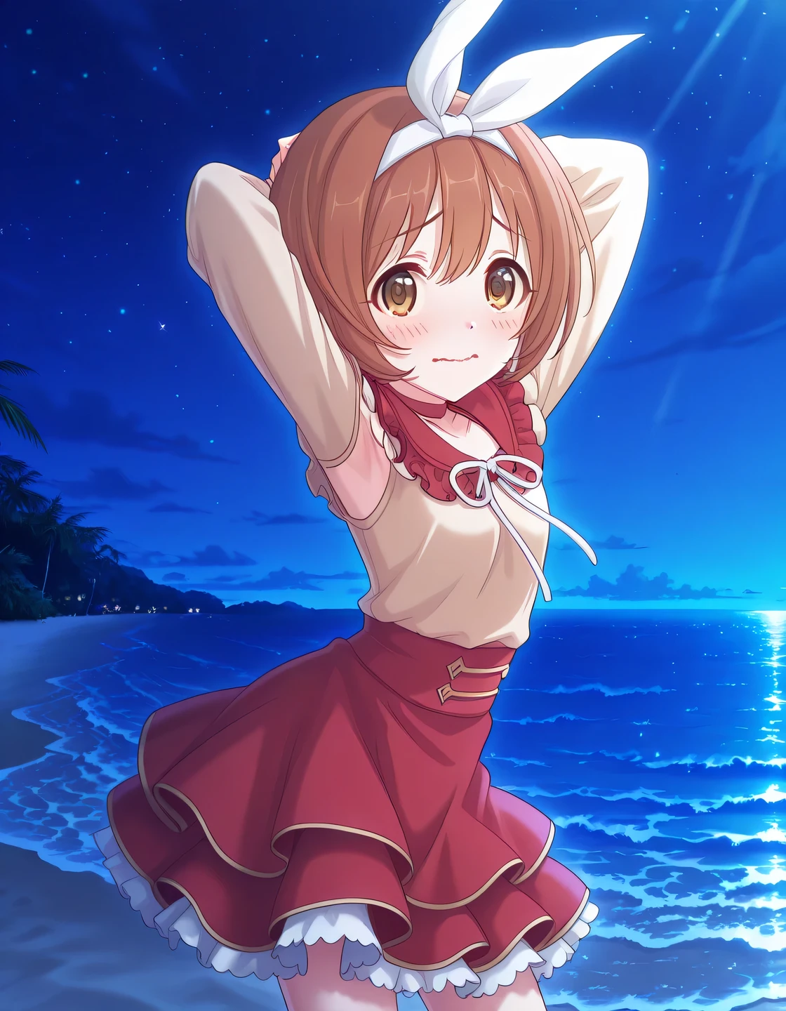 rlpkrmi, short hair, brown hair, hairband, hair ribbon, brown eyes, white ribbon, frilled shirt collar, red collar, beige shirt, long sleeves, red skirt, frilled skirt, white frills, anime screencap, high quality, solo, night sky, beach, armpits, (hands behind head), ((contrapposto)), closed mouth, cowboy shot, looking at viewer, wavy mouth, shy, best quality