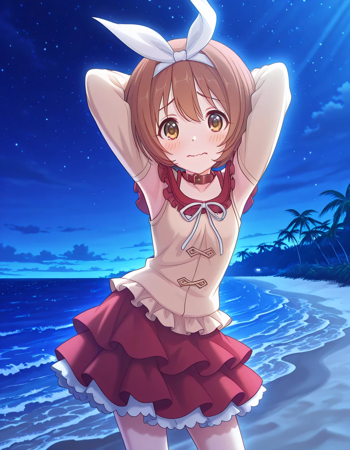 rlpkrmi, short hair, brown hair, hairband, hair ribbon, brown eyes, white ribbon, frilled shirt collar, red collar, beige shirt, long sleeves, red skirt, frilled skirt, white frills, anime screencap, high quality, solo, night sky, beach, armpits, (hands behind head), ((contrapposto)), closed mouth, cowboy shot, looking at viewer, wavy mouth, shy, best quality