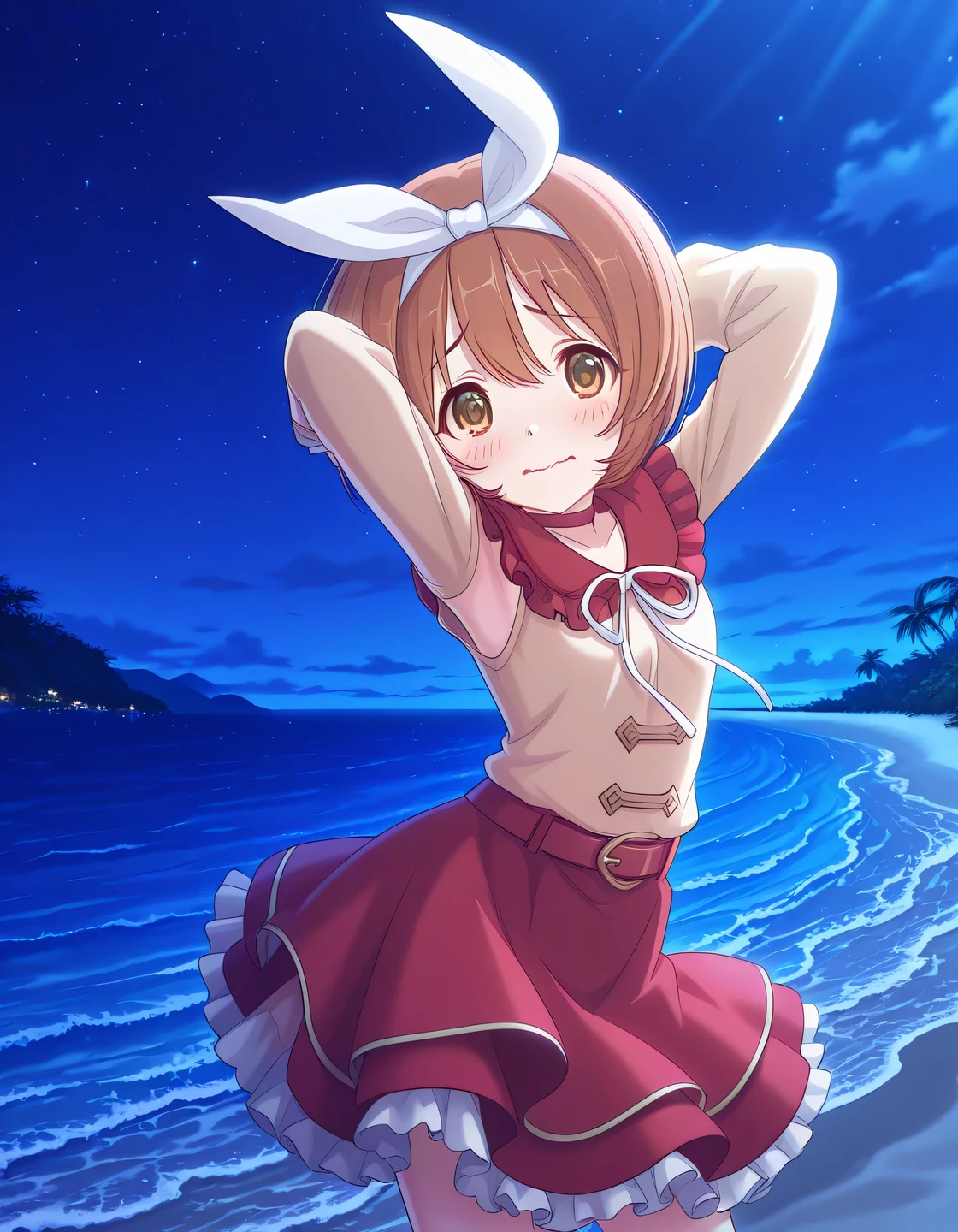rlpkrmi, short hair, brown hair, hairband, hair ribbon, brown eyes, white ribbon, frilled shirt collar, red collar, beige shirt, long sleeves, red skirt, frilled skirt, white frills, anime screencap, high quality, solo, night sky, beach, armpits, (hands behind head), ((contrapposto)), closed mouth, cowboy shot, looking at viewer, wavy mouth, shy, best quality