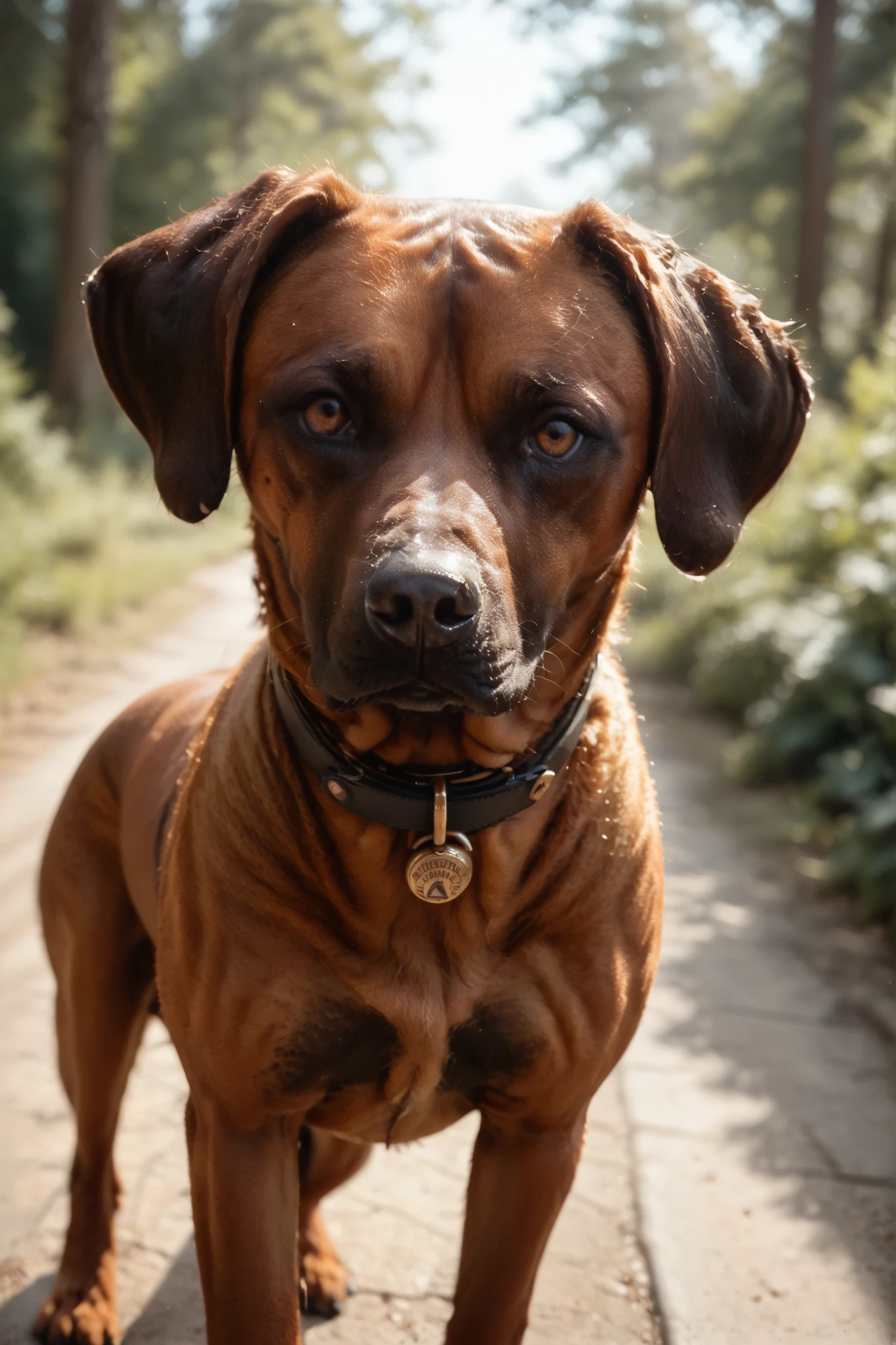 detailxl, highres, masterpiece, creative, amazing lighting, magical, fantasy, depth of field, rule of thirds, off-center. dynamic high angle, top quality, very aesthetic, vivid, bloom, portrait. a (rhodesian ridgeback dog) on a forest path wearing thick red leather collar. rim light, (rhodesian_ridgeback), dog, red brown fur, hunting pose