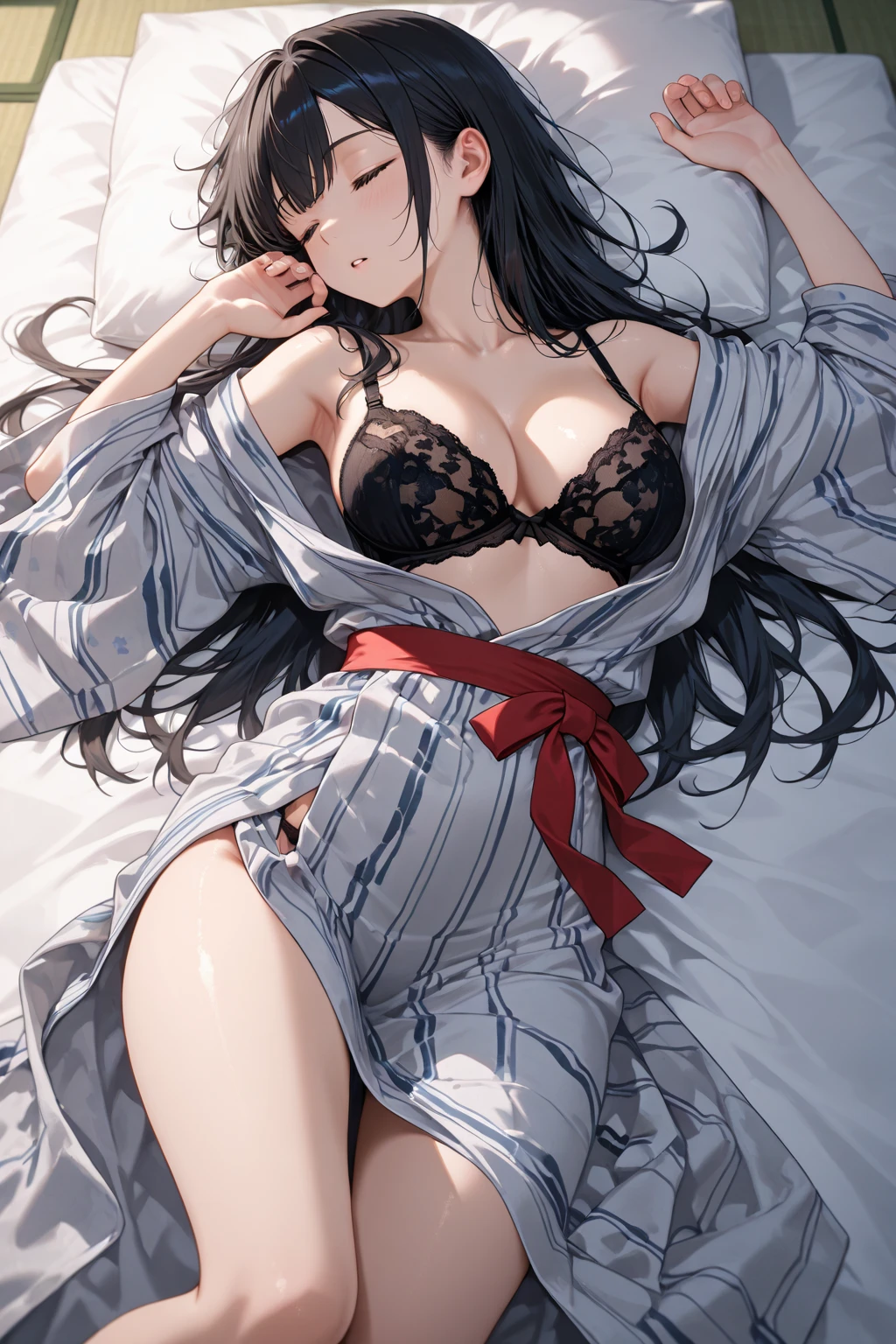 Attractive long black hair、Beautiful woman at 32 years old、Double eyelids、tthin eyebrows、Sleeping in a snow-white bed、????????????、Open your ????????? and look inside your thighs、You can see the whole body、Yukata gets wet with sweat and sticks to the skin、1 thin white see-through yukata、very large ??????、The color and shape of the tip of the ????? is visible 、You can see the color and shape of the ??????、Looks a lot of pubic hair、The entire ????? shows through、