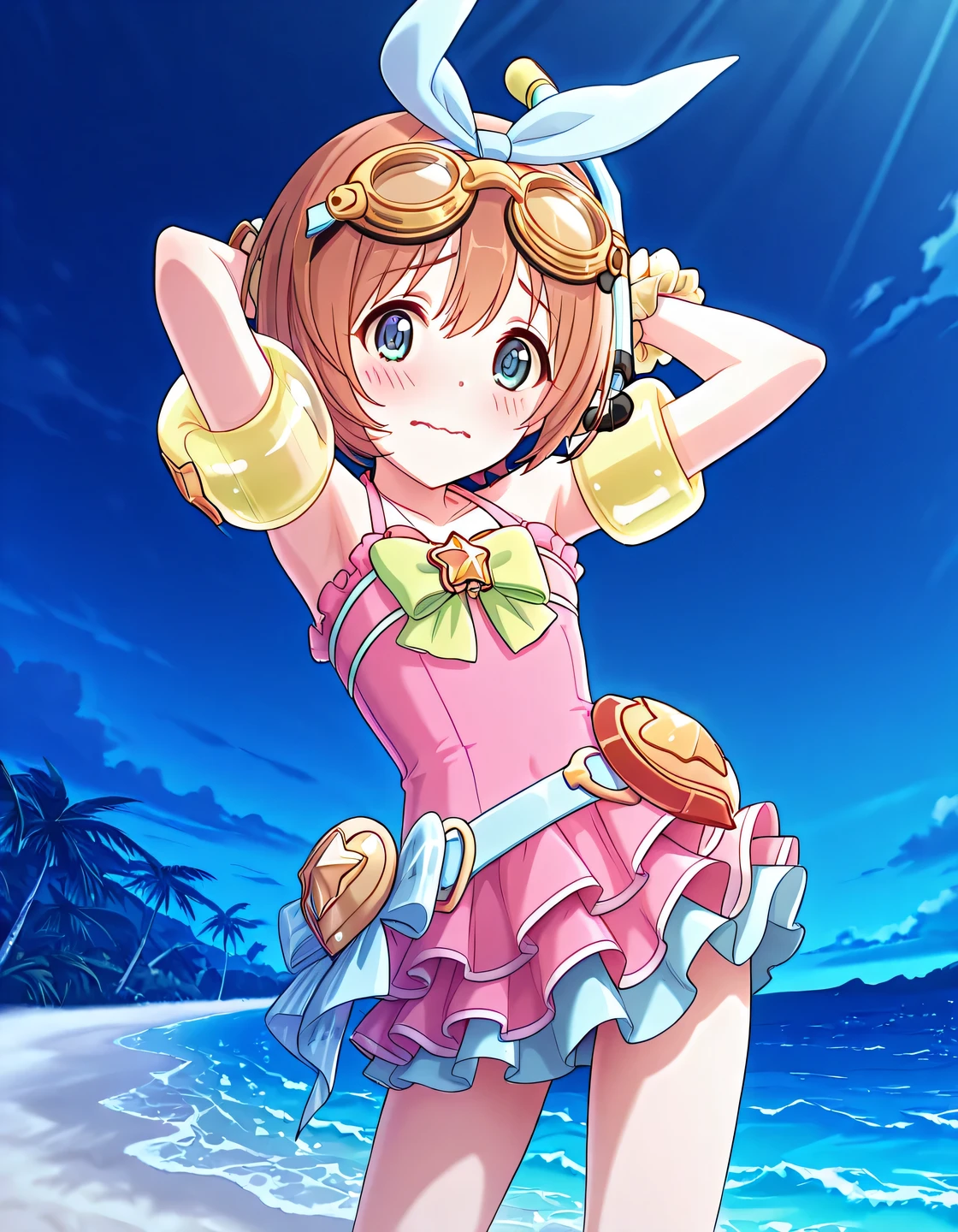 pcrkrmi, short hair, brown hair, hairband, hair ribbon, blue eyes, pkrmsum, blue ribbon, snorkel, goggles on head, pink one-piece swimsuit, frilled one-piece swimsuit, green bowtie, star brooch, wrist scrunchie, inflatable armbands, anime screencap, high quality, solo, night sky, beach, armpits, (hands behind head), ((contrapposto)), closed mouth, cowboy shot, looking at viewer, wavy mouth, shy, best quality
