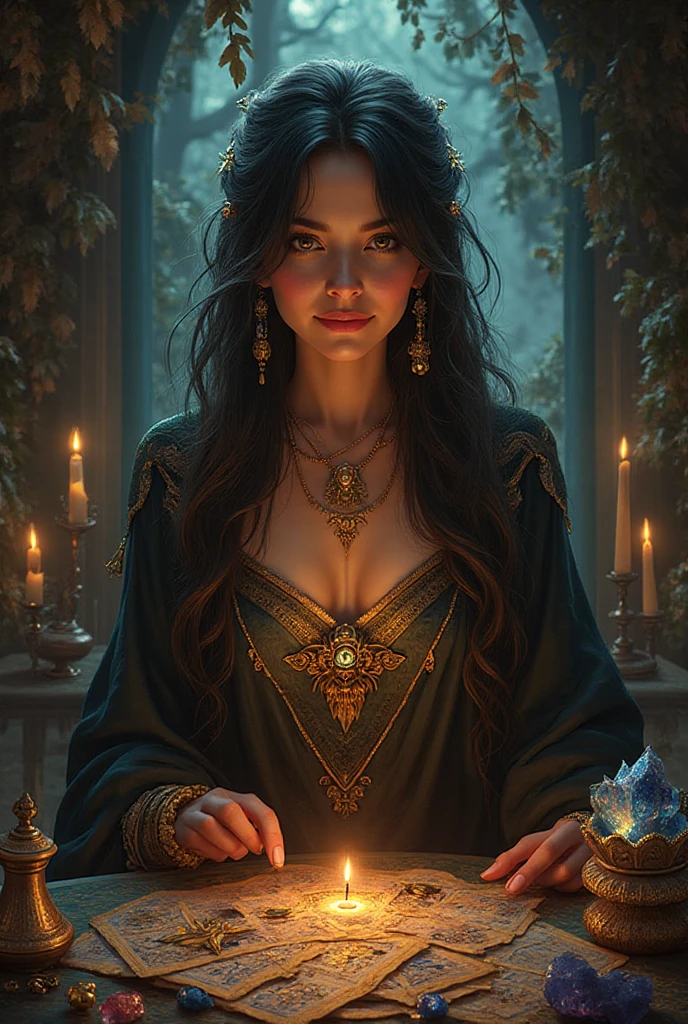 She is dressed in an elegant and suitable outfit, covering his body with details characteristic of his magical nature. Ela usa um vestido longo e fluido em tons escuros, with subtle details of flames and mystical symbols. Behind her, The setting turns into something demonic and mysterious. dourado, Dark flames dance around the throne, emanating a magical and enigmatic power. The throne is carved with demonic details, like horns and gargoyles, representing our witch's connection to the mysteries of the beyond. Ao redor do trono, mystical symbols are carved into the ground, evocando um ambiente de rituais e magia. No horizonte, A starry night sky with a full moon adds a touch of mystery and magic to the scenery. Despite the demonic environment, nossa bruxa da Goiabeira permanece tranquila e em controle, emanating wisdom and power over occult forces. She is an enigmatic and powerful figure, capaz de dominar as trevas e a luz em sua jornada espiritual. This image will be a powerful representation of our Goiás witch., highlighting your strength and wisdom in the midst of a demonic scenario, mas com um semblante sereno e confiante.Nossa bruxa da Goiabeira assume o lugar central na carta do Diabo. Com seus cabelos negros como a noite, emanates an enigmatic and seductive power. in her hands, seguramente duas goiabas, symbol of your connection with nature and your ability to transform the energies around you. It is positioned on a pedestal, demonstrating your control over earthly desires and temptations. Ao redor dela, Dance of the golden flames, representing the passion and intensity she channels into her magical practice. At her feet, There are no chained numbers, But human beings genuinely attracted by his presence and wisdom. He is in a position of free will, choosing to go their own way with the guidance of the witch of Goiabeira. Em vez de representar o mal, Carte highlights internal strength, Self-determination and the ability to transcend earthly temptations