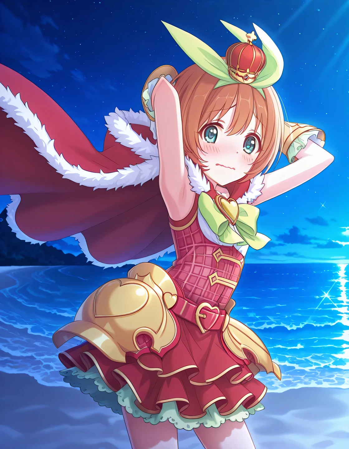 pcrkrmi, short hair, brown hair, hairband, hair ribbon, blue eyes, pkrmmas, green ribbon, crown, fur-trimmed cape, red cape, green bowtie, heart brooch, white shirt, plaid shirt, red shirt, red belt, hip armor, white gloves, dark red skirt, white skirt, layered skirt, frilled skirt, anime screencap, high quality, solo, night sky, beach, armpits, (hands behind head), ((contrapposto)), closed mouth, cowboy shot, looking at viewer, wavy mouth, shy, best quality
