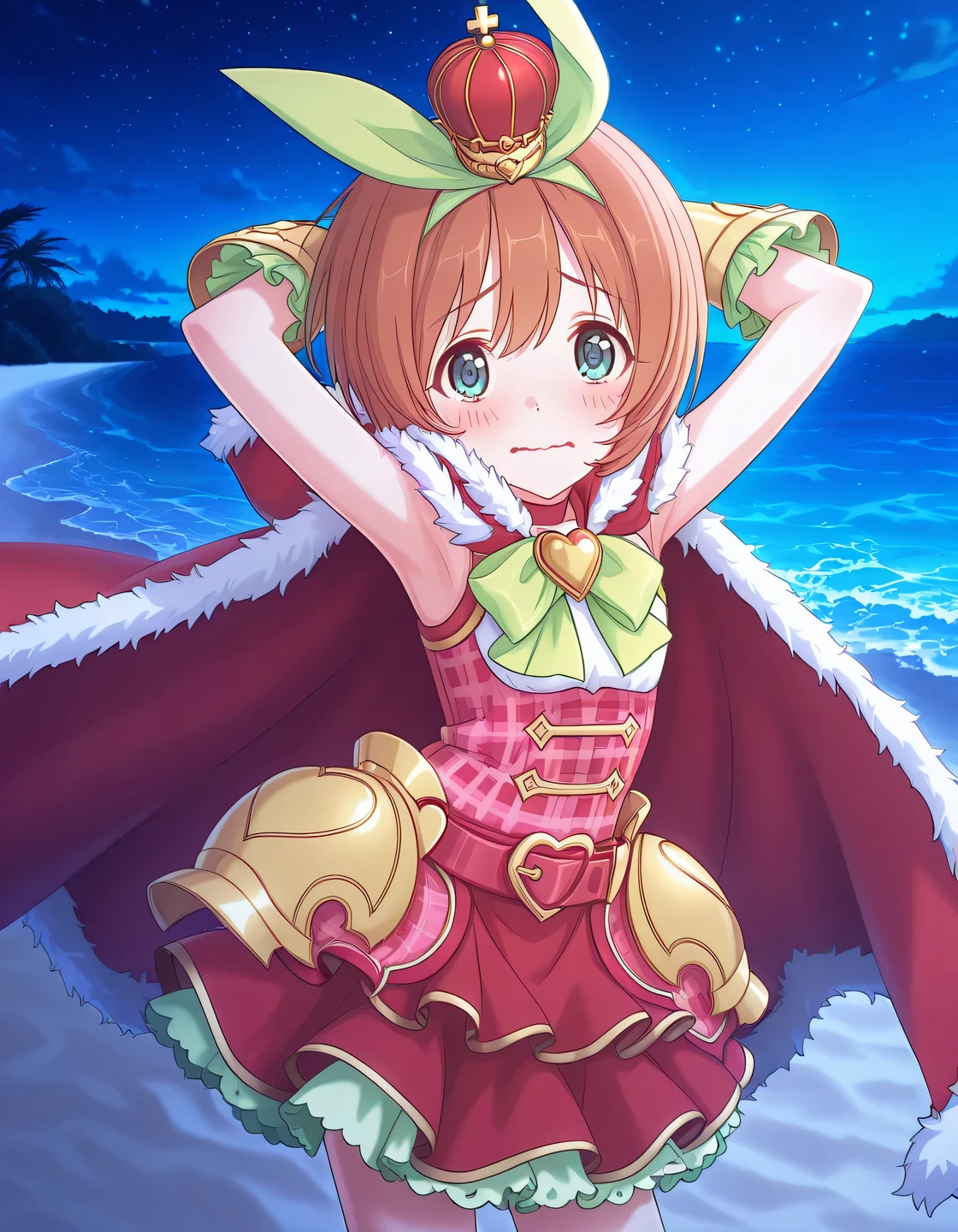 pcrkrmi, short hair, brown hair, hairband, hair ribbon, blue eyes, pkrmmas, green ribbon, crown, fur-trimmed cape, red cape, green bowtie, heart brooch, white shirt, plaid shirt, red shirt, red belt, hip armor, white gloves, dark red skirt, white skirt, layered skirt, frilled skirt, anime screencap, high quality, solo, night sky, beach, armpits, (hands behind head), ((contrapposto)), closed mouth, cowboy shot, looking at viewer, wavy mouth, shy, best quality
