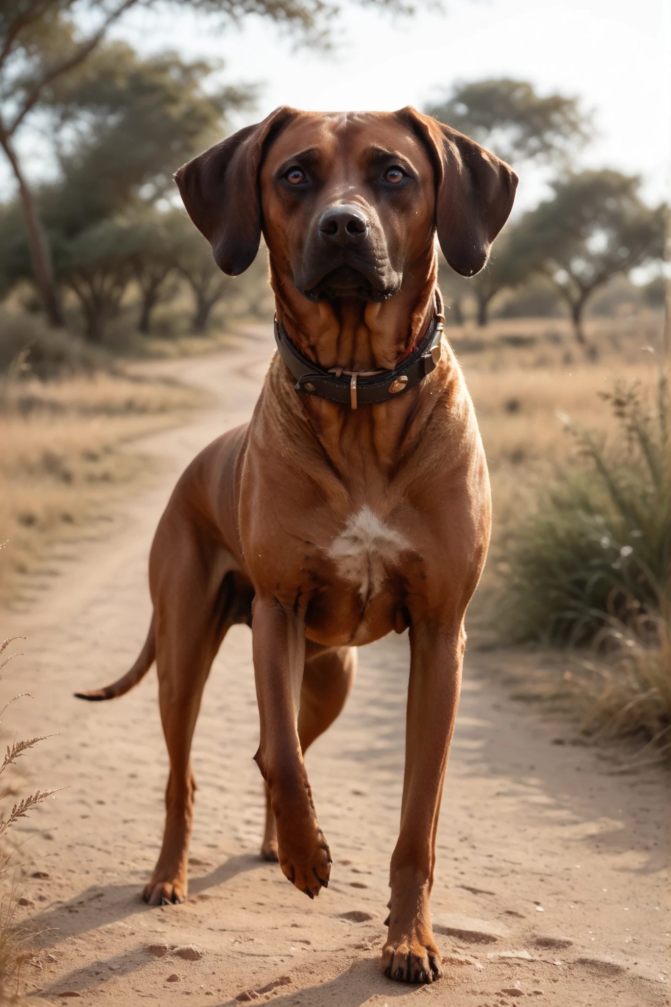 detailxl, highres, masterpiece, creative, amazing lighting, magical, fantasy, depth of field, rule of thirds, off-center. dynamic angle, top quality. a (rhodesian ridgeback dog) on a sandy path wearing thick red leather collar.  rim light, (rhodesian_ridgeback), dog, red brown fur, hunting pose, detailed fur, full body. Set on the African Savanna.