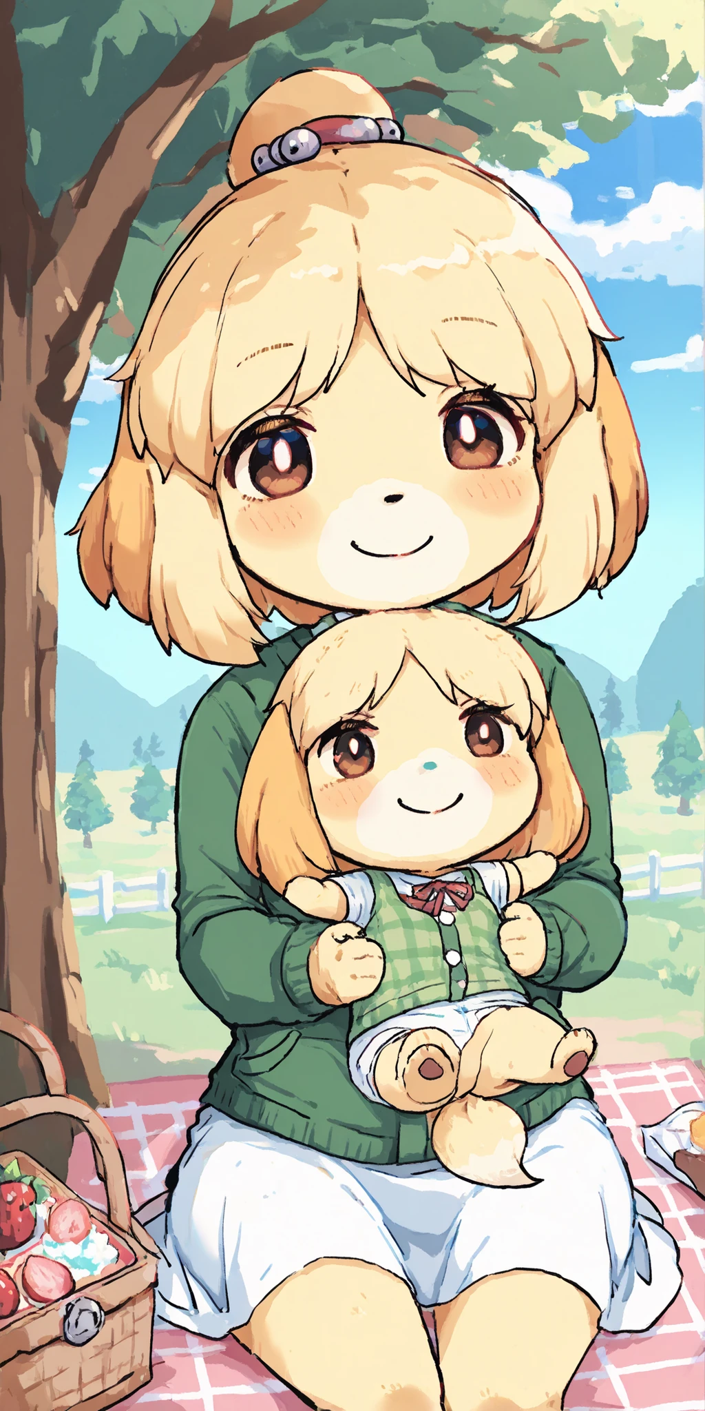 In the woods,shizue,shizubelle,animal crossing,1girl,dog girl,Smile Yan,Bright,Picnic,dynamic,anime,masterpiece,Highest Quality,Great Quality,very beautiful,Newest,