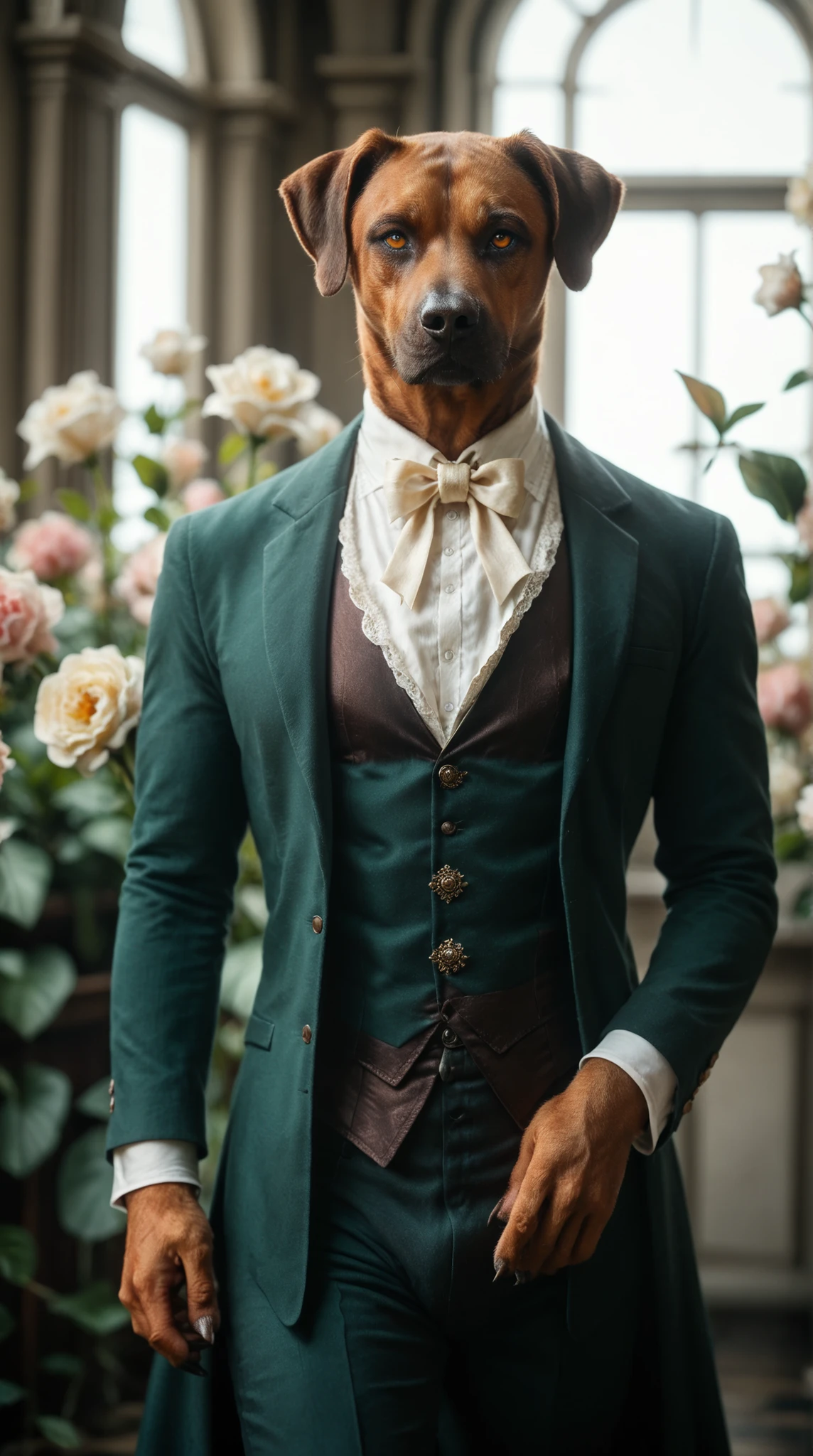 handsome man standing in a dark green suit with white vest. Set against an Victorian backdrop that is covered in flowers. rhodesian ridgeback, beautiful eyes, golden eyes, paws, (red brown fur), tall, athletic, regal, dynamic angle, dramatic lighting