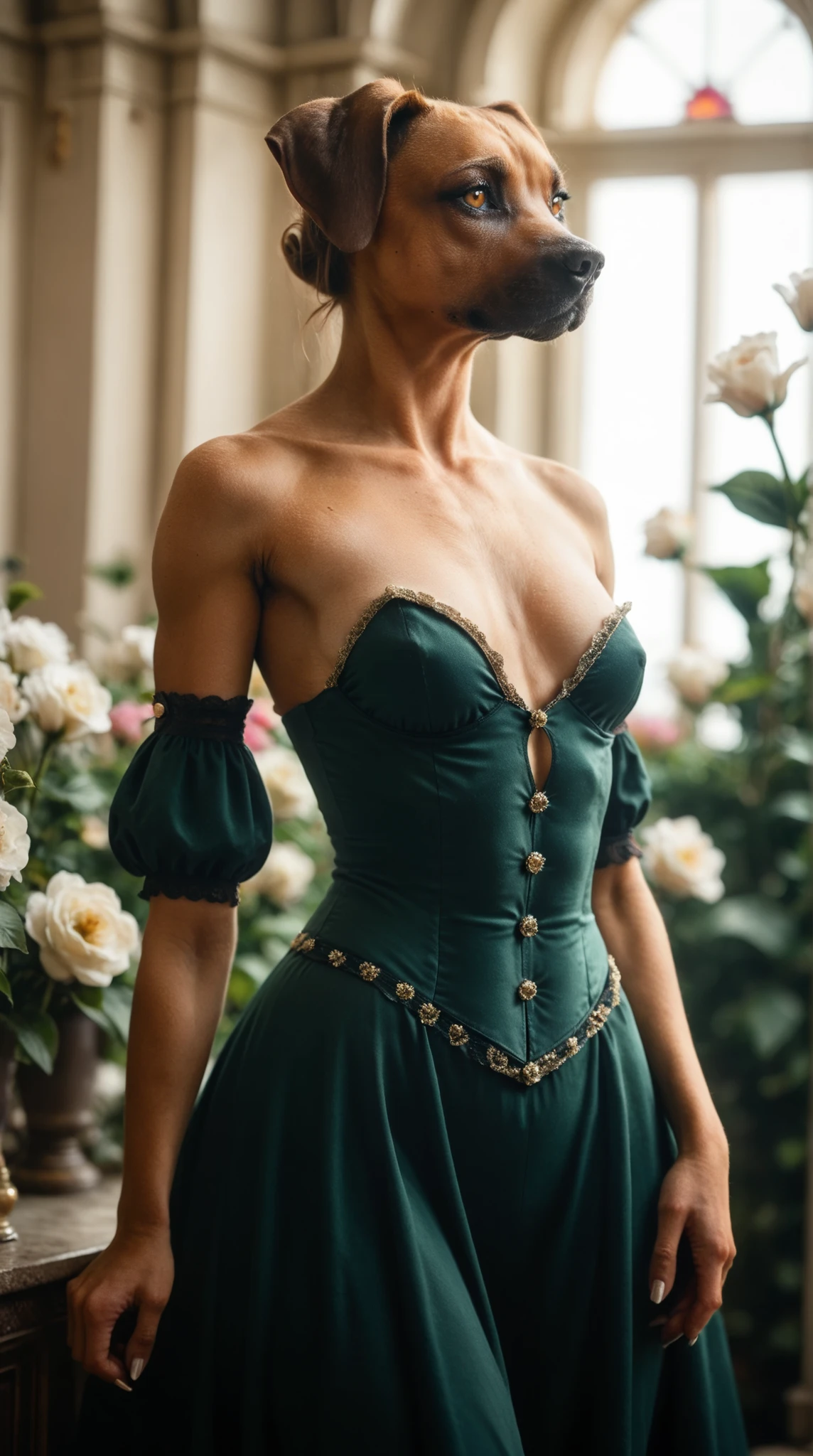 aloof girl standing in an elegant dark green dress. Set against an Victorian backdrop that is covered in flowers. rhodesian ridgeback, beautiful eyes, golden eyes, paws, (red brown fur), small breasts, armpit, tall, athletic, dynamic angle, dramatic lighting 