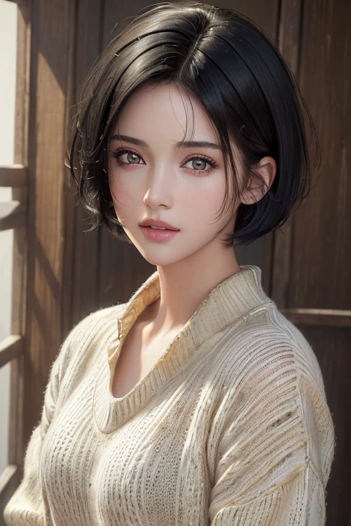 A woman with a short black hair and a sweater - SeaArt AI