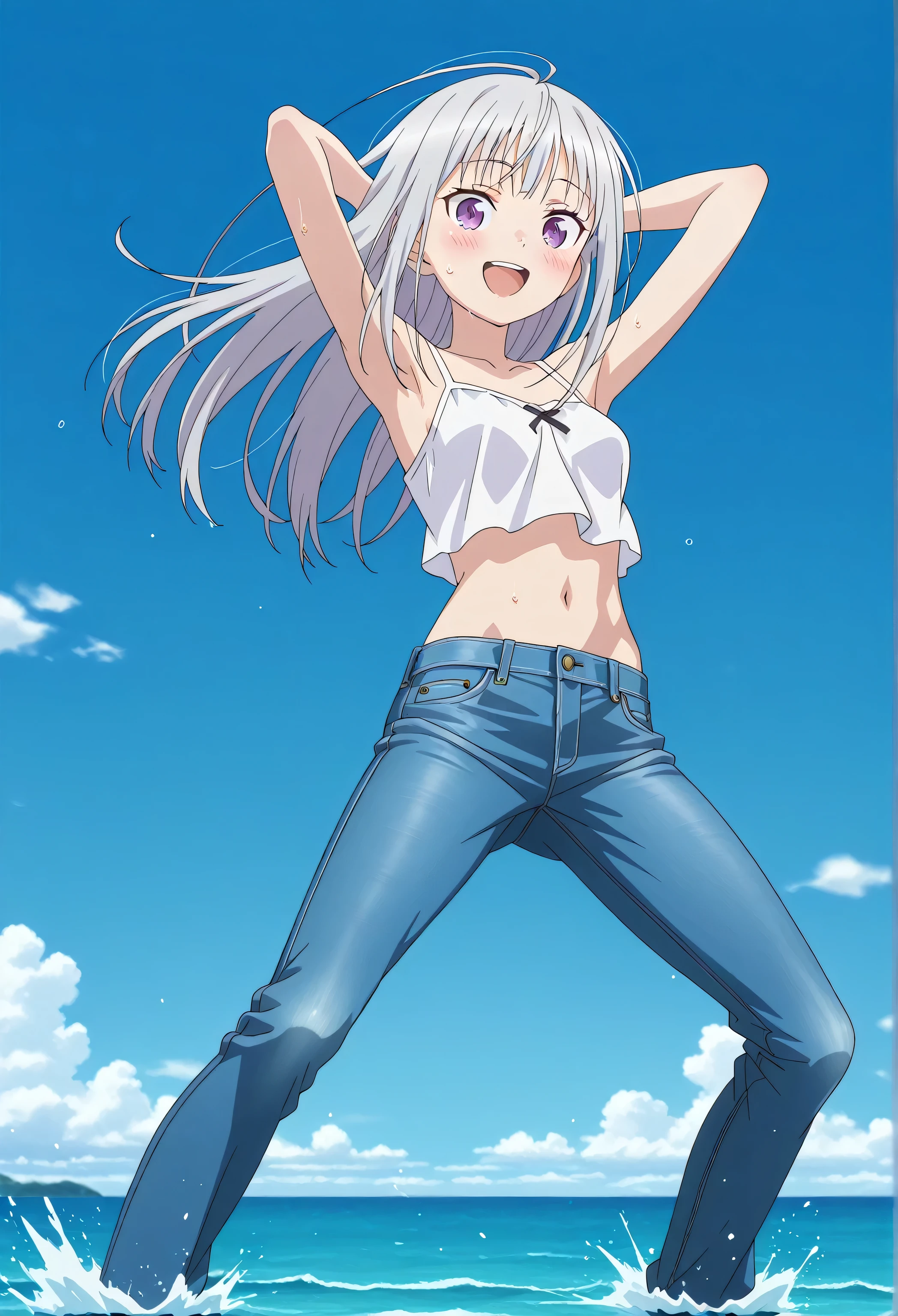 score_9, score_8_up, score_7_up, source_anime, highres, hi res, ((best quality, top quality, perfect quality, Highest Quality, amazing quality)), {{masterpiece}}, {{an extremely delicate and beautiful}}, 2d, intricate details, official style, anime, 8k, anime style, official_anime, official art, digital painting, cell shading, soft shading, high resolution, soothing tones, Subdued Color, Soft cinematic light, adobe lightroom, photolab, HDR, intricately and hyper-detailed, ((high quality animation)), 1 girl, Alone, solo, ((ocean)), tsunami, on the water, day, sunny, outdoors, sky, windy, emilia, long hair, purple eyes, white hair, anime screencap, small breasts, white camisole top, crop top, white crop top, best quality, hyper-detailed jeans, ((blue jeans:1.9)), (dark blue jeans:0.6), full medium body, medium shot, Open mouth, smiling, happy face, blush, sweat, standing, ((arms behind head:6.0)), bowlegged, jumping pose, action, looking at viewer, spread legs, Bend knees slightly, straight-on front view