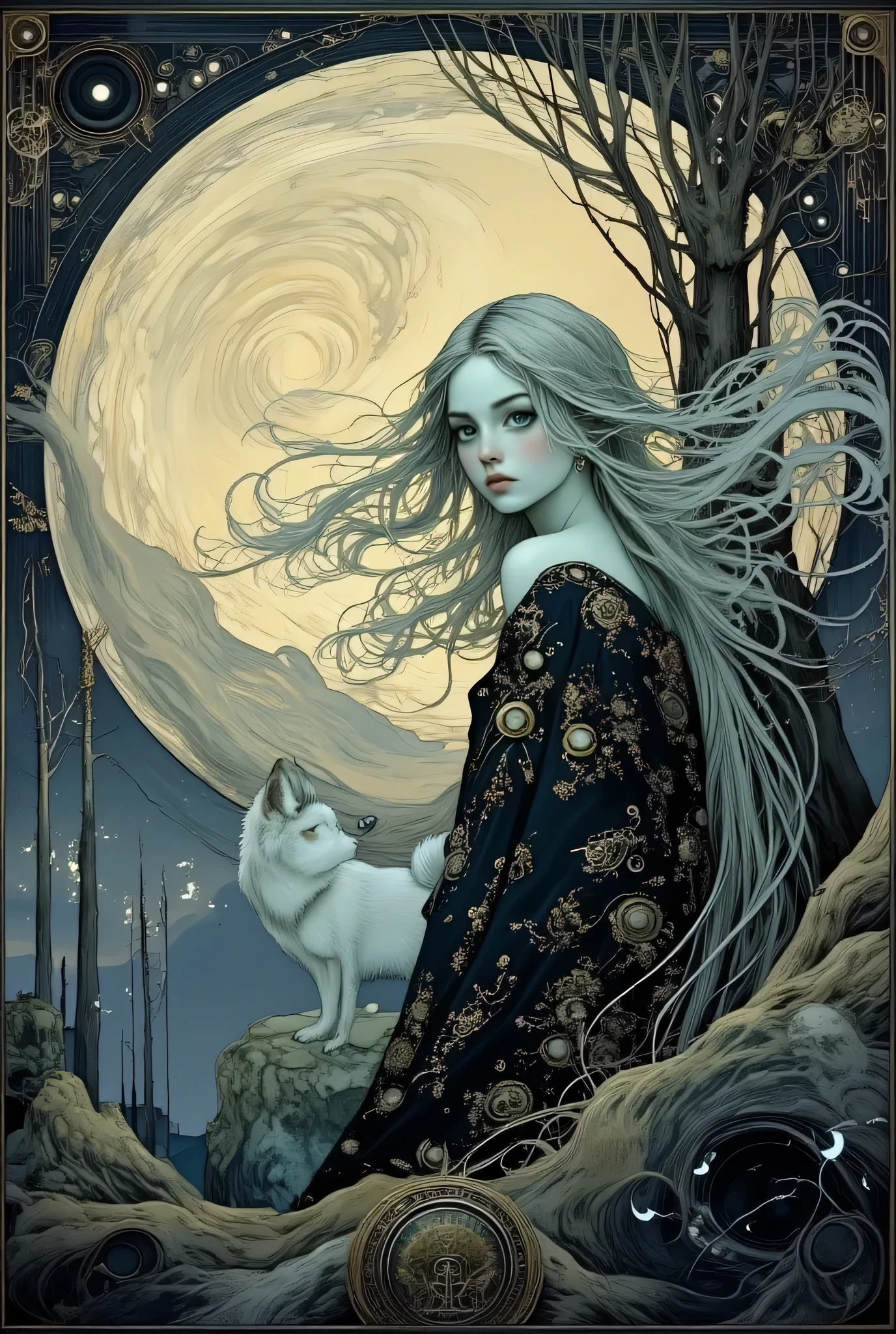 Art Nouveau style, extremely aesthetic, stm211, illustration, Off-center composition,
BREAK
1girl, young girl, That's exactly what I imagine Artemis to be. A lone figure standing on a mountain pass, accompanied by wolves. wide shot, portrait, A strong-willed image,
BREAK
Standing on top of the mountain pass on a moonlit night, she has a calm expression and pale, shining eyes that stare sharply at viewer. Her clothing, apart from the black bear fur, was indistinguishable in the moonlight. The wind is blowing her silver hair softly. Her outline is softly outlined in the moonlight, which also filters through gaps in her flowing hair. She is clad in the dark fur of a bear and carries a bow and quiver.
BREAK
Large wolves stand beside her, obediently.
BREAK
A masterpiece in honour of the great virgin goddess. Madly aesthetic.