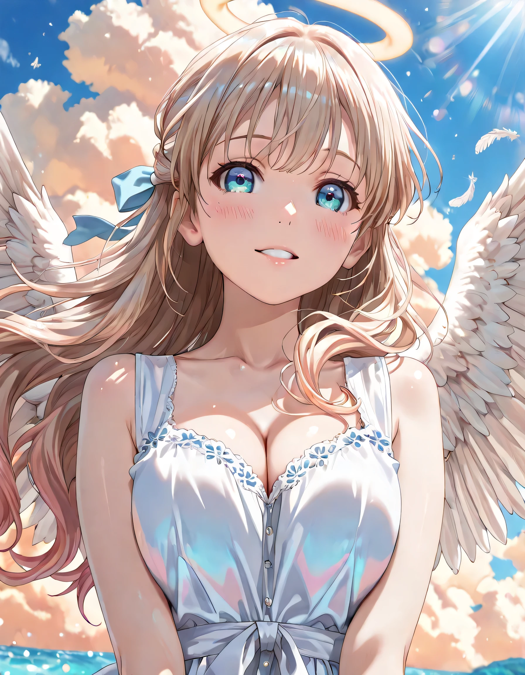 ((ultra-detailed)), (highly detailed CG illustration), (best quality:1.3), ultra-highly detailed, colorful composition, artistic photoshoot, 1girl, solo, moe anime character, Anime-style, harmonious color palette, ethereal ambiance, dainty facial structure, round face, rounded chin:1.2, short stature, blue eyes:1.3, sagging eyes:1.3, bronze hair:1.4, long hair, half updo hairstyle, delicate curls, soft shading, hair ribbon with black, ample , white semi formal dress, angel wings, halo, gentle smile:1.3, blush:1.2, flowing hair in the wind, from front, dramatic angle, from below, looking at viewer, upper body, heavenly clouds, divine rays, celestial background, blurred lower body blending into sky, summer, daytime, backlight, glowing halo, radiant ambiance, heavenly glow, sunlight scattering, depth of field, masterpiece, cinematic lighting, 8K resolution, portrait, caustics, ray tracing, perfect face, lustrous skin, highly detailed face, highly detailed eyes, perfect nose, perfect hair, beautiful hair, beautiful small face, extremely detailed face, beautiful detailed eyes, beautiful clavicle, beautiful ample , cleavage, squeezed together, lovely, (very detailed background:1.0), (highly detailed background:1.0), pastel colors palette, kawaii aesthetic, intricate details, girly atmosphere, chromatic aberration