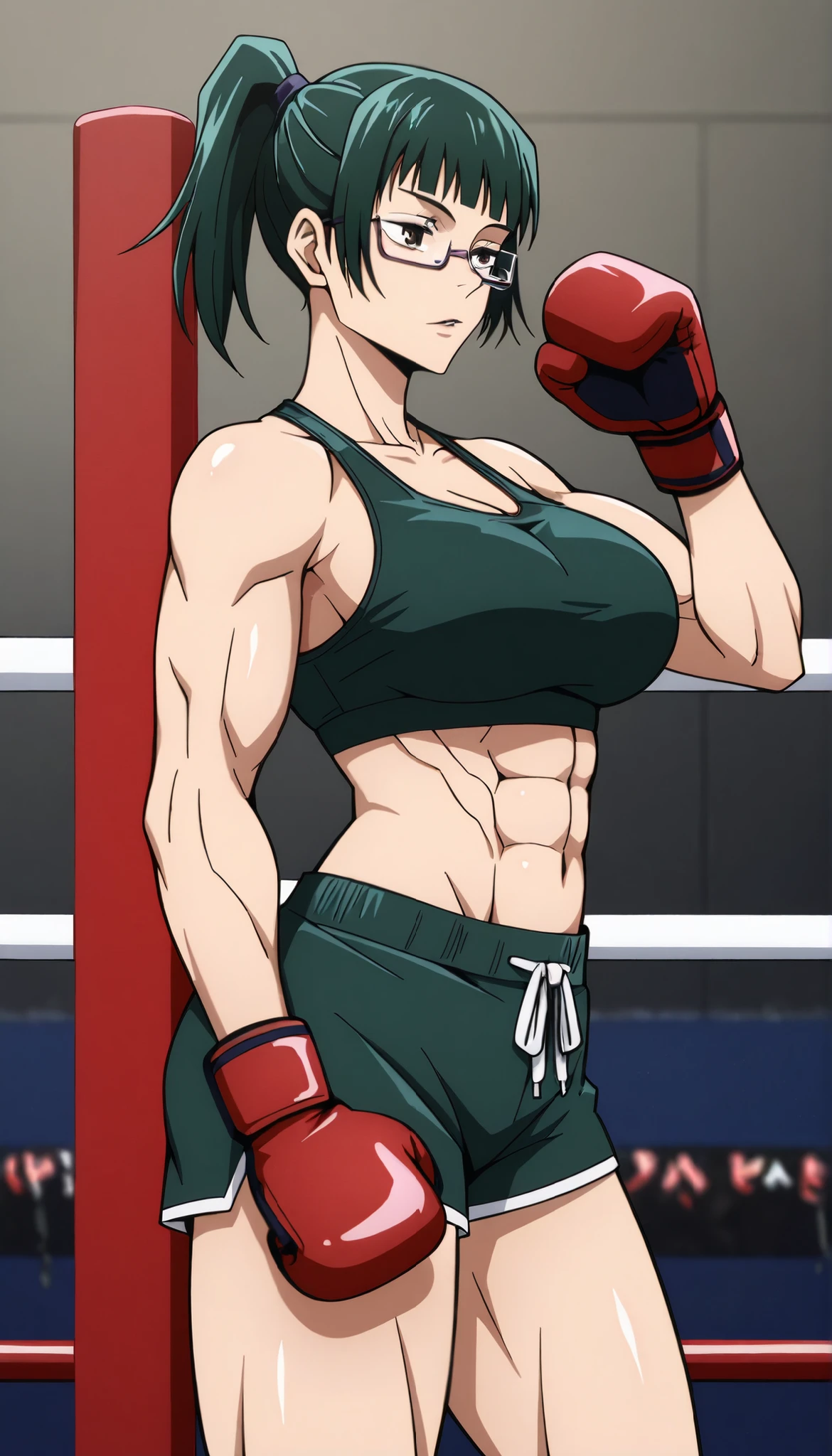 masterpiece,best quality,great quality, 1girl , solo, maki zenin (jujutsu kaisen) , brown eyes, glasses, green hair, ponytail, muscle, large breast, mature female, Musluna, sports bra, boxing gloves