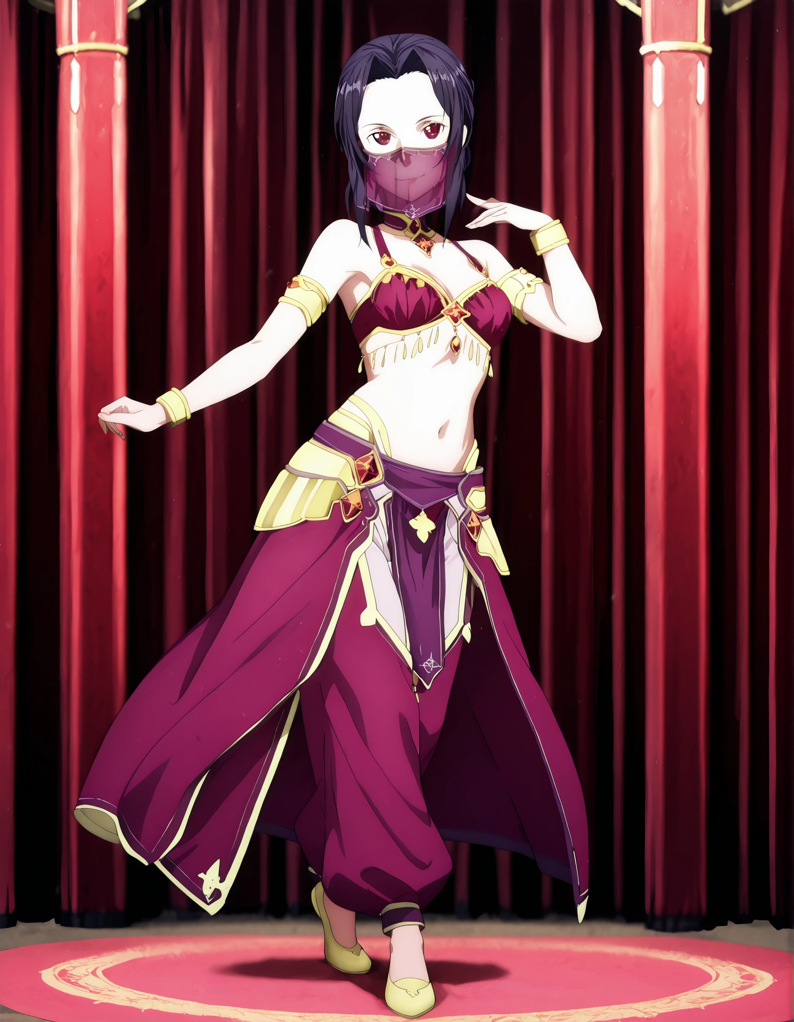 (1girl:1 . 5) , (Seul:1 . 5) , score_9 , score_8_haut , score_7_haut , source_anime , Official work , ultra-detailed , masterpiece , better quality , high resolution , beaux yeux , detailed eyes , Detailed face , beautiful detailed eyes ,Sword Art Online,Fanatio Synthesis Two,Arabian Clothes , Arabian Dancer ,belly dancer costume,belly dancer outfit ,full body,golden jewelery,mouth veil,armlet, belly dancing,arabian theater,seductive smile, dancing with veil, dynamic movement,dance posture, seductive pose