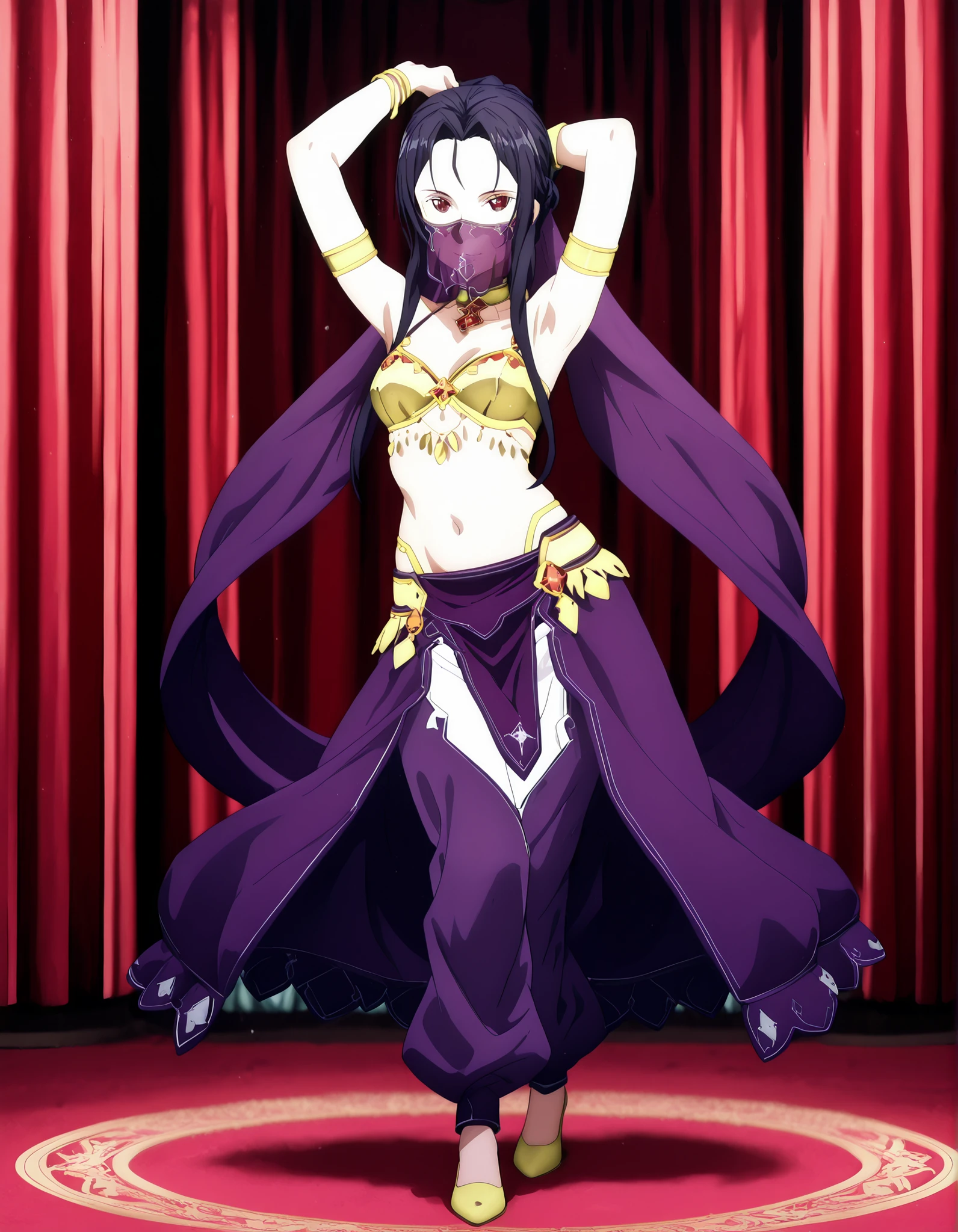 (1girl:1 . 5) , (Seul:1 . 5) , score_9 , score_8_haut , score_7_haut , source_anime , Official work , ultra-detailed , masterpiece , better quality , high resolution , beaux yeux , detailed eyes , Detailed face , beautiful detailed eyes ,Sword Art Online,Fanatio Synthesis Two,Arabian Clothes , Arabian Dancer ,belly dancer costume,belly dancer outfit ,full body,golden jewelery,mouth veil,armlet, belly dancing,arabian theater,seductive smile, dancing with veil, dynamic movement,dance posture, seductive pose