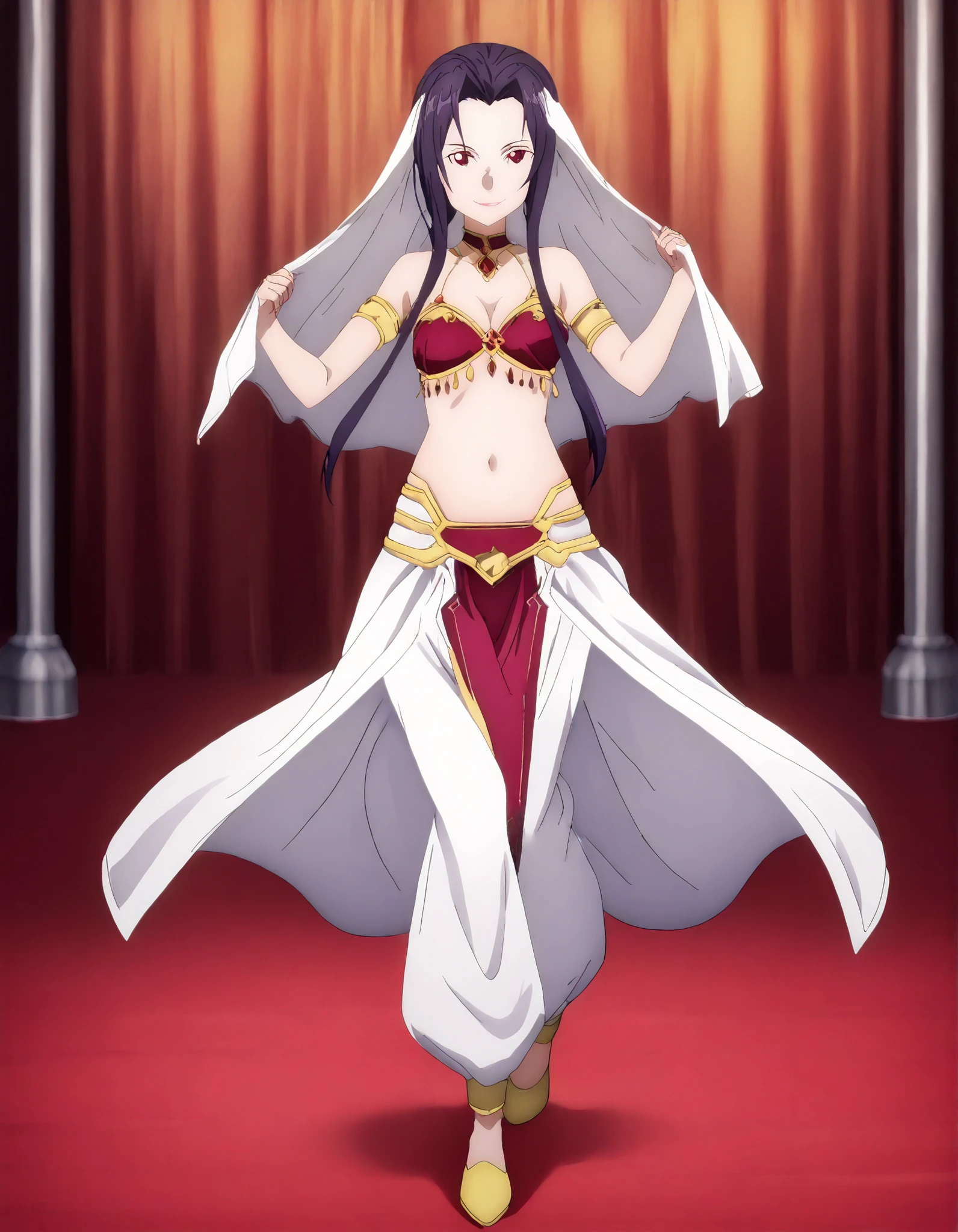 (1girl:1 . 5) , (Seul:1 . 5) , score_9 , score_8_haut , score_7_haut , source_anime , Official work , ultra-detailed , masterpiece , better quality , high resolution , beaux yeux , detailed eyes , Detailed face , beautiful detailed eyes ,Sword Art Online,Fanatio Synthesis Two,Arabian Clothes , Arabian Dancer ,belly dancer costume,belly dancer outfit ,full body,golden jewelery,armlet, belly dancing,arabian theater,seductive smile, dancing with veil, dynamic movement,dance posture, seductive pose