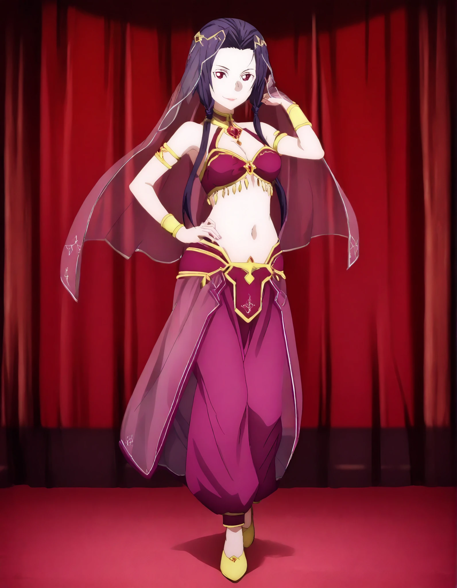 (1girl:1 . 5) , (Seul:1 . 5) , score_9 , score_8_haut , score_7_haut , source_anime , Official work , ultra-detailed , masterpiece , better quality , high resolution , beaux yeux , detailed eyes , Detailed face , beautiful detailed eyes ,Sword Art Online,Fanatio Synthesis Two,Arabian Clothes , Arabian Dancer ,belly dancer costume,belly dancer outfit ,full body,golden jewelery,armlet, belly dancing,arabian theater,seductive smile, dancing with veil, dynamic movement,dance posture, seductive pose
