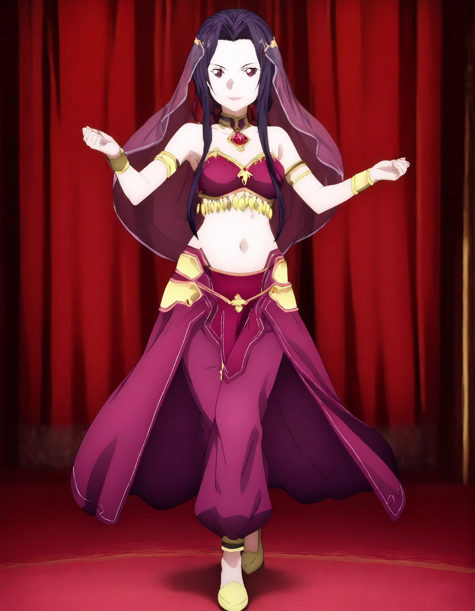 (1girl:1 . 5) , (Seul:1 . 5) , score_9 , score_8_haut , score_7_haut , source_anime , Official work , ultra-detailed , masterpiece , better quality , high resolution , beaux yeux , detailed eyes , Detailed face , beautiful detailed eyes ,Sword Art Online,Fanatio Synthesis Two,Arabian Clothes , Arabian Dancer ,belly dancer costume,belly dancer outfit ,full body,golden jewelery,armlet, belly dancing,arabian theater,seductive smile, dancing with veil, dynamic movement,dance posture, seductive pose