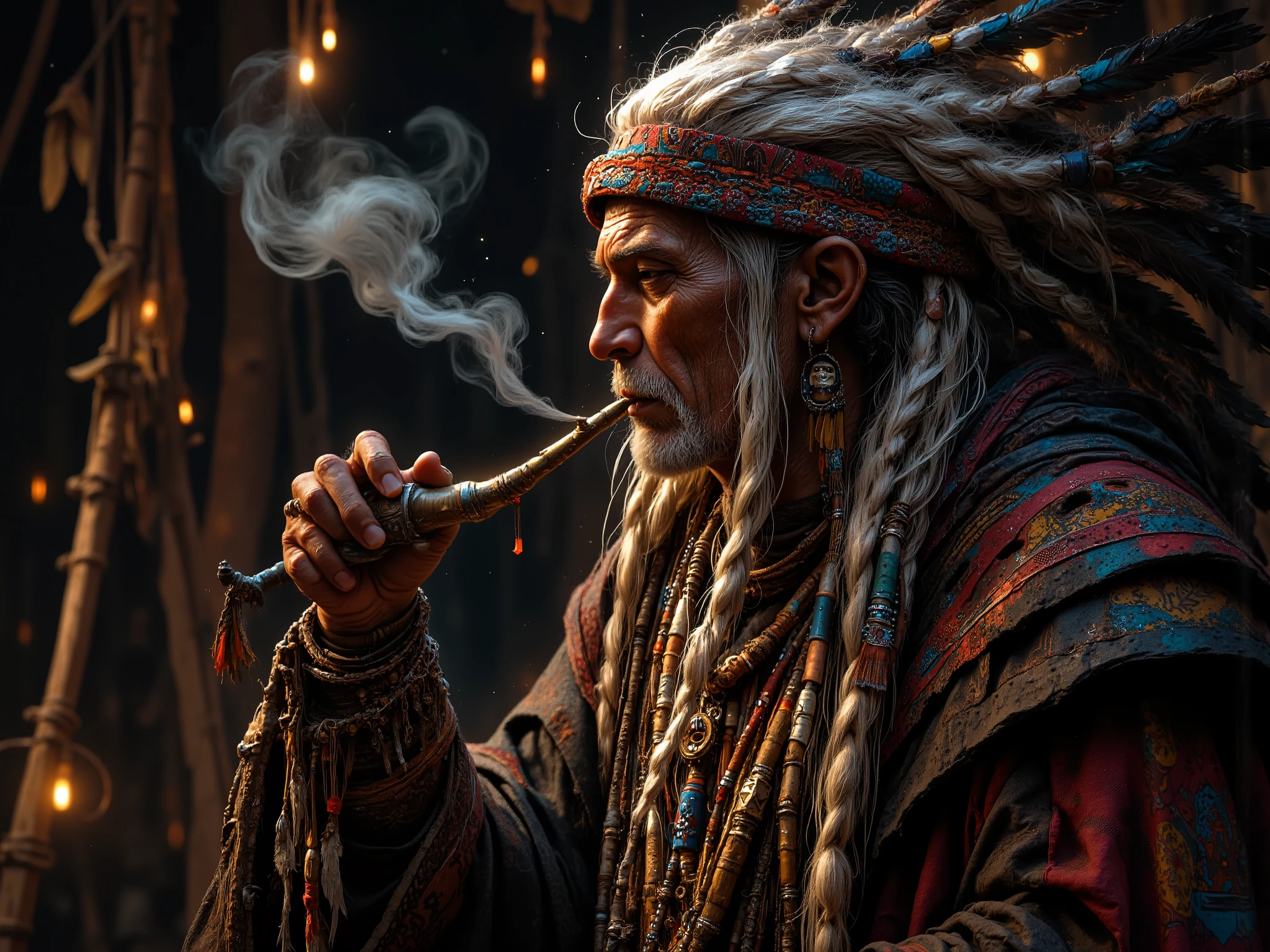 The ultimate elder . Photorealistic . Hyper realistic . A Native American tribal chief . His long , white hair is braided . Traditional attire . Feathered clothing . Smoking a long pipe inside an Indian tent . Inside the dimly lit tent.