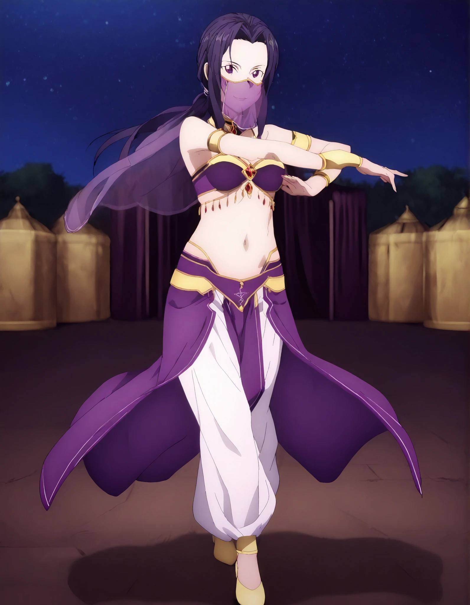 (1girl:1 . 5) , (Seul:1 . 5) , score_9 , score_8_haut , score_7_haut , source_anime , Official work , ultra-detailed , masterpiece , better quality , high resolution , beaux yeux , detailed eyes , Detailed face , beautiful detailed eyes ,Sword Art Online,Fanatio Synthesis Two,Arabian Clothes , Arabian Dancer ,belly dancer costume,belly dancer outfit ,full body,golden jewelery,mouth veil,armlet, belly dancing,night,arabian garden,seductive smile, dancing with veil, dynamic movement,dance posture, seductive pose