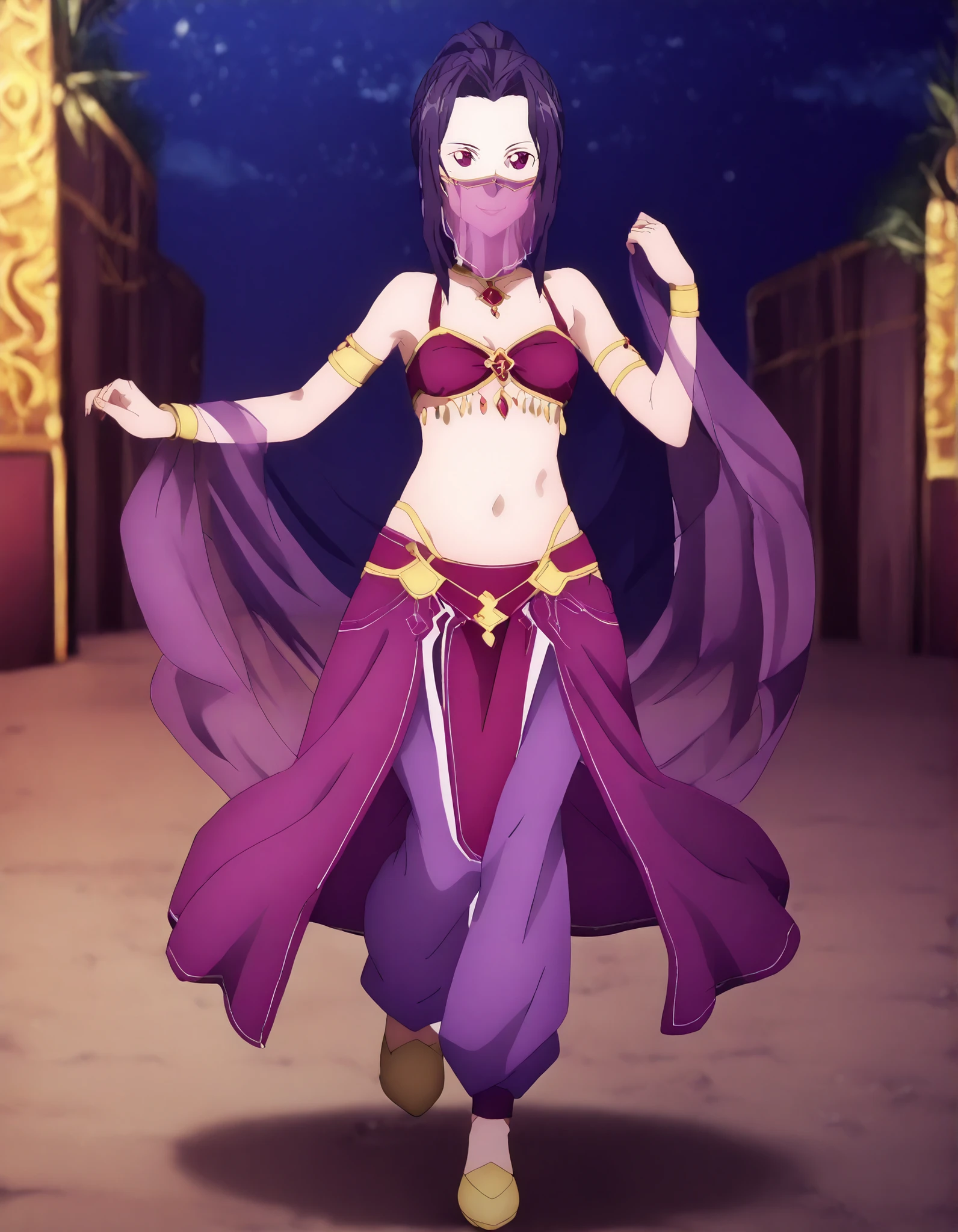(1girl:1 . 5) , (Seul:1 . 5) , score_9 , score_8_haut , score_7_haut , source_anime , Official work , ultra-detailed , masterpiece , better quality , high resolution , beaux yeux , detailed eyes , Detailed face , beautiful detailed eyes ,Sword Art Online,Fanatio Synthesis Two,Arabian Clothes , Arabian Dancer ,belly dancer costume,belly dancer outfit ,full body,golden jewelery,mouth veil,armlet, belly dancing,night,arabian garden,seductive smile, dancing with veil, dynamic movement,dance posture, seductive pose