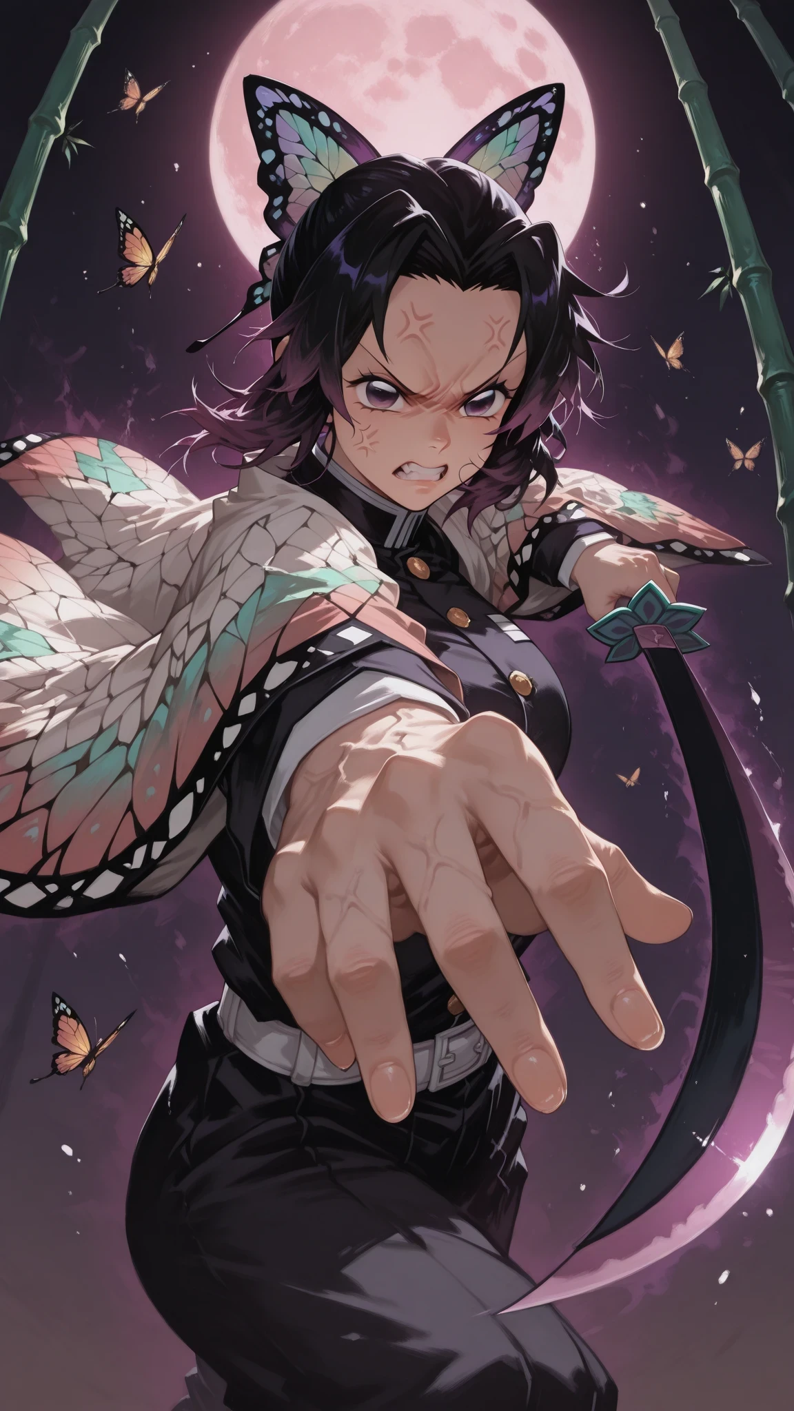 1girl, solo, beautiful girl, UHD, masterpiece, (anatomically correct), textured skin, super detail, high details, high quality, best quality, HD, 8k
shinobu kochou_\(Demon Slayer\), animal print, black hair, butterfly, butterfly hair ornament, butterfly print, forehead, gradient hair, hair ornament, haori, multicolored hair, parted bangs, purple hair, short hair, two-tone hair,
belt, black pants, butterfly print, coat, demon slayer uniform, haori, japanese clothes, pants, uniform,
<lora:gatotsu-stance-illustriousxl-lora-nochekaiser:1>, gatotsu stance, weapon, sword, katana, holding weapon, holding, holding sword, foreshortening,
night, moon, bamboo, flying butterfly
ultra_instinct, purple aura, floating hair, fight stance,
veins around eyes, anger vein,grind teeth, shaded, angry