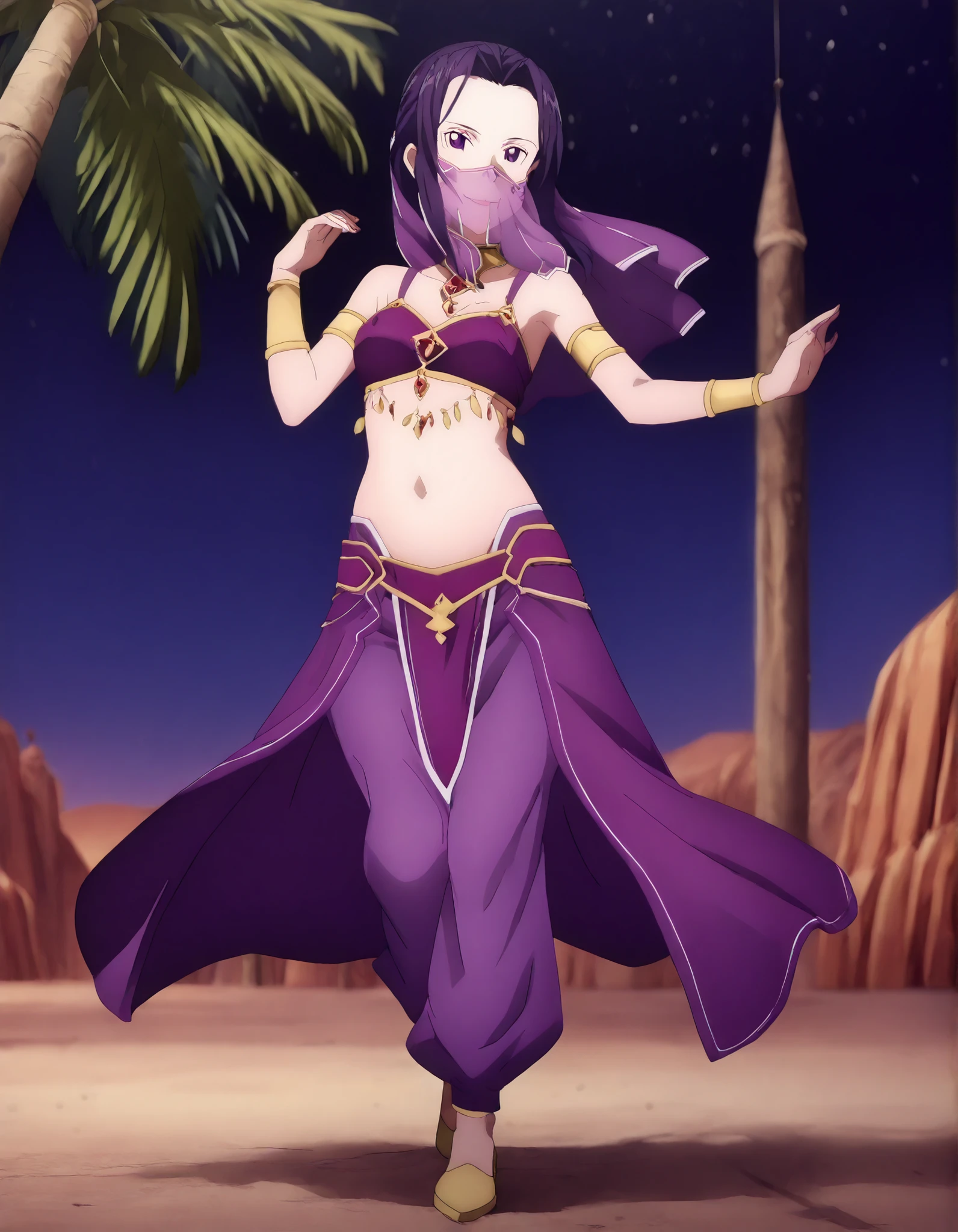 (1girl:1 . 5) , (Seul:1 . 5) , score_9 , score_8_haut , score_7_haut , source_anime , Official work , ultra-detailed , masterpiece , better quality , high resolution , beaux yeux , detailed eyes , Detailed face , beautiful detailed eyes ,Sword Art Online,Fanatio Synthesis Two,Arabian Clothes , Arabian Dancer ,belly dancer costume,belly dancer outfit ,full body,golden jewelery,mouth veil,armlet, belly dancing,night,desert lands,palm tree,seductive smile, dancing with veil, dynamic movement,dance posture, seductive pose