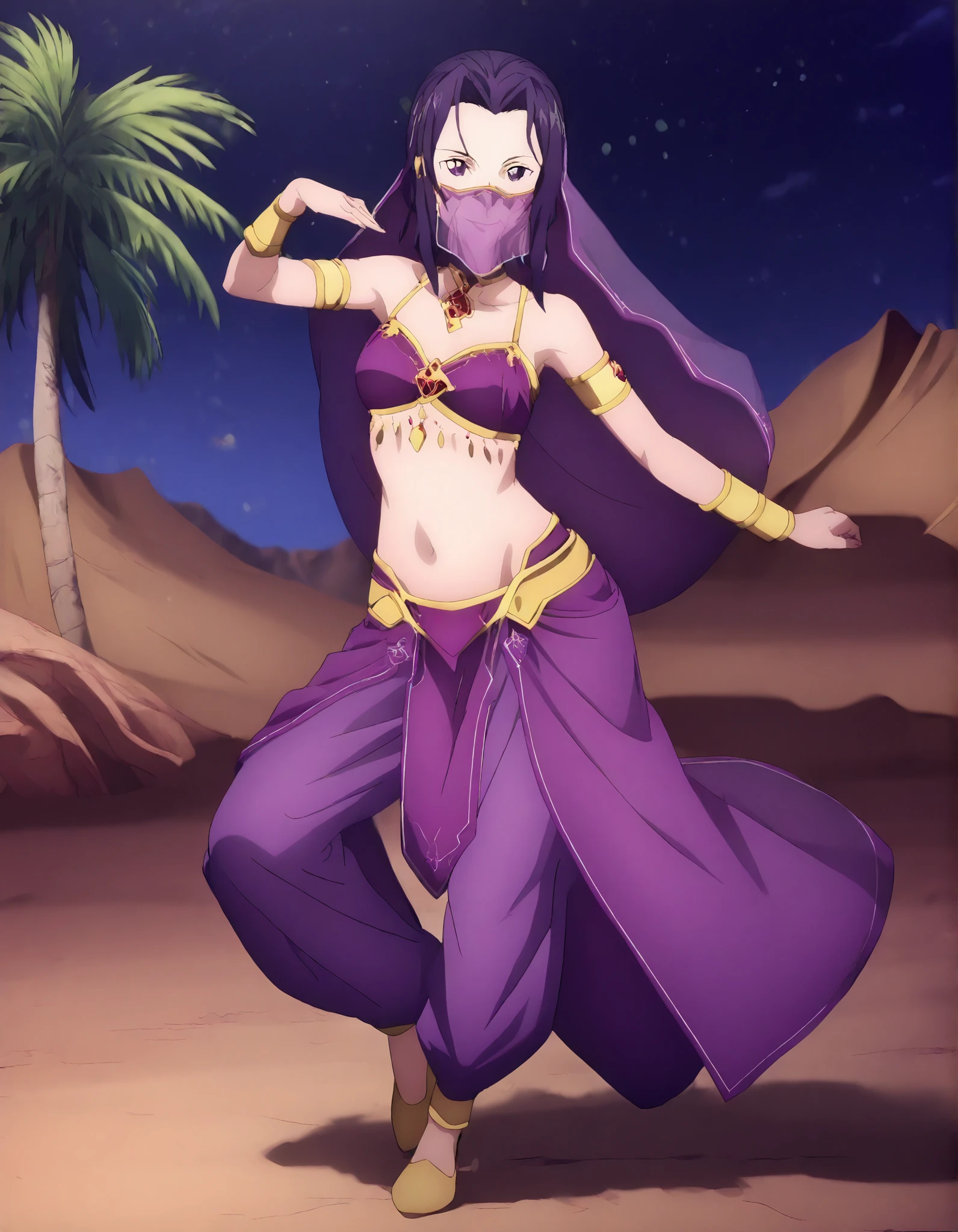 (1girl:1 . 5) , (Seul:1 . 5) , score_9 , score_8_haut , score_7_haut , source_anime , Official work , ultra-detailed , masterpiece , better quality , high resolution , beaux yeux , detailed eyes , Detailed face , beautiful detailed eyes ,Sword Art Online,Fanatio Synthesis Two,Arabian Clothes , Arabian Dancer ,belly dancer costume,belly dancer outfit ,full body,golden jewelery,mouth veil,armlet, belly dancing,night,desert lands,palm tree,seductive smile, dancing with veil, dynamic movement,dance posture, seductive pose