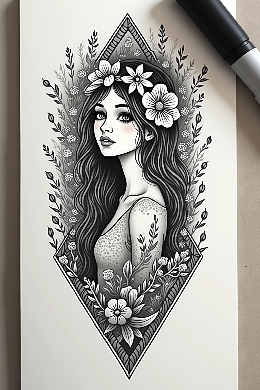 Sur une feuille de papier posée sur un grand bureau, Dessiner une figurine 4D de style encre uhd époustouflante et à couper le souffle, portant une sublime  en dentelle très détaillés, décolleté profond, dentelle fractal, effet holographique qui sort de la feuille de dessin, dessin extrêmement détaillé, hyperréaliste, Des détails sublimes. Un travail vraiment remarquable, travail joyeux et sensuel, (sublime poitrine effet push-up,la poitrine sort de la feuille de dessin), (elle marche hors de la feuille de dessin)