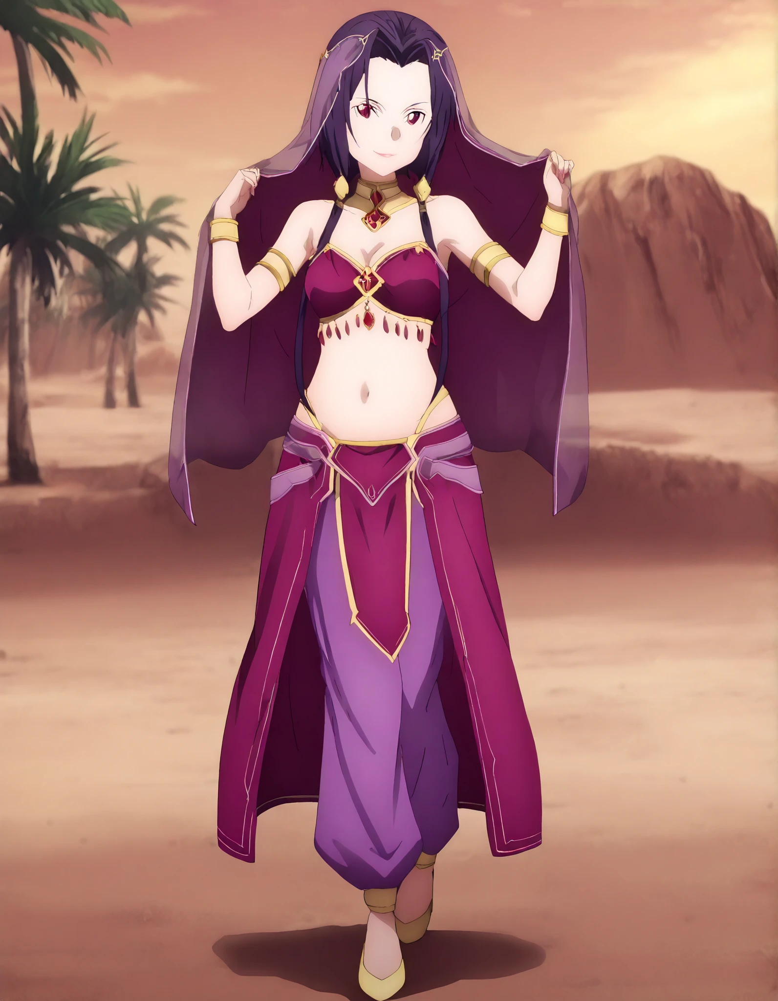 (1girl:1 . 5) , (Seul:1 . 5) , score_9 , score_8_haut , score_7_haut , source_anime , Official work , ultra-detailed , masterpiece , better quality , high resolution , beaux yeux , detailed eyes , Detailed face , beautiful detailed eyes ,Sword Art Online,Fanatio Synthesis Two,Arabian Clothes , Arabian Dancer ,belly dancer costume,belly dancer outfit ,full body,golden jewelery,armlet, belly dancing,desert lands,palm tree,seductive smile, dancing with veil, dynamic movement,dance posture, seductive pose