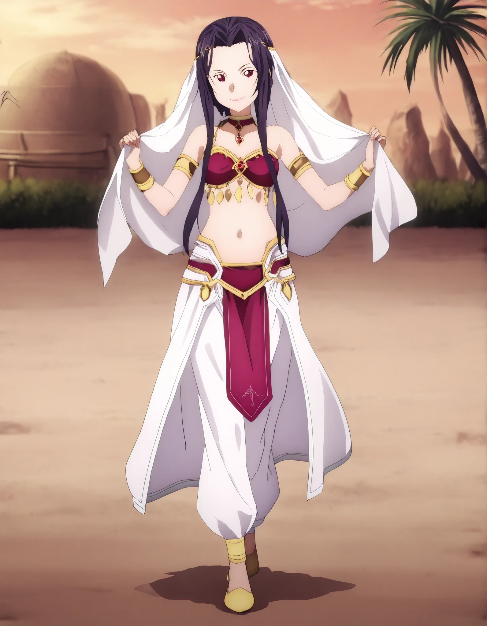 (1girl:1 . 5) , (Seul:1 . 5) , score_9 , score_8_haut , score_7_haut , source_anime , Official work , ultra-detailed , masterpiece , better quality , high resolution , beaux yeux , detailed eyes , Detailed face , beautiful detailed eyes ,Sword Art Online,Fanatio Synthesis Two,Arabian Clothes , Arabian Dancer ,belly dancer costume,belly dancer outfit ,full body,golden jewelery,armlet, belly dancing,desert lands,palm tree,seductive smile, dancing with veil, dynamic movement,dance posture, seductive pose
