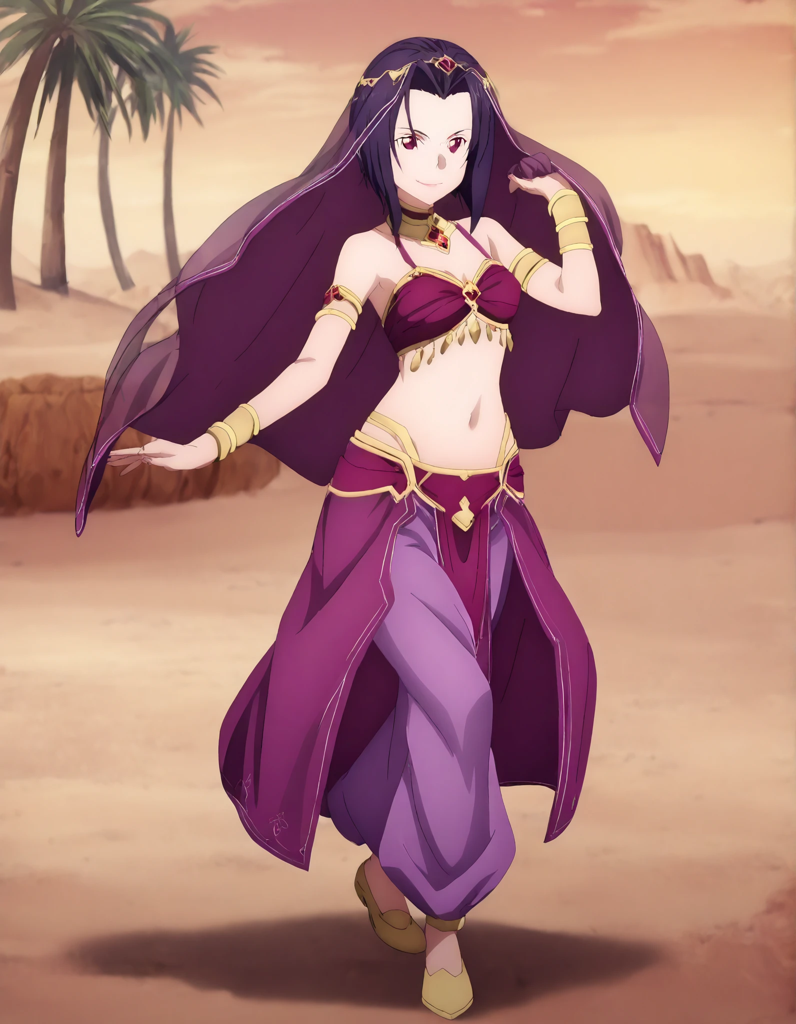 (1girl:1 . 5) , (Seul:1 . 5) , score_9 , score_8_haut , score_7_haut , source_anime , Official work , ultra-detailed , masterpiece , better quality , high resolution , beaux yeux , detailed eyes , Detailed face , beautiful detailed eyes ,Sword Art Online,Fanatio Synthesis Two,Arabian Clothes , Arabian Dancer ,belly dancer costume,belly dancer outfit ,full body,golden jewelery,armlet, belly dancing,desert lands,palm tree,seductive smile, dancing with veil, dynamic movement,dance posture, seductive pose