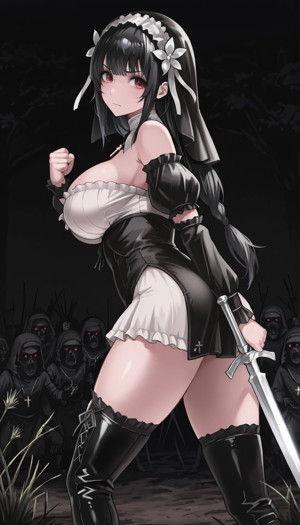 masterpiece, the best quality, muy estético, 1girl, rabiane, only, Alone, standing, Fighting pose, wield a silver sword with their hand, looking back, Sword cut, serious expression, habit , black high boots, thigh-high boots, cross necklace, detailed eyes, Red Eyes, black hair, big breasts, dark, bosque dark, black sky, darkness, weeds, 4 zombies