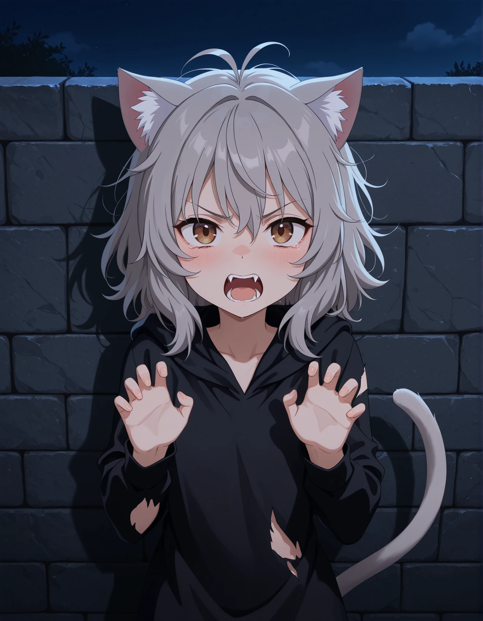 ,, 1girl, petite, (skinny and frail:0.7), cat girl, against wall, stone wall, brown eyes,looking at viewer, grey hair, medium hair, messy hair, angry, (scared:0.4), (open mouth:0.5), fangs, hands up, (tearing up:0.5), tail raised, torn clothes, straight-on, dark, night, outdoors, masterpiece,best quality, amazing quality,