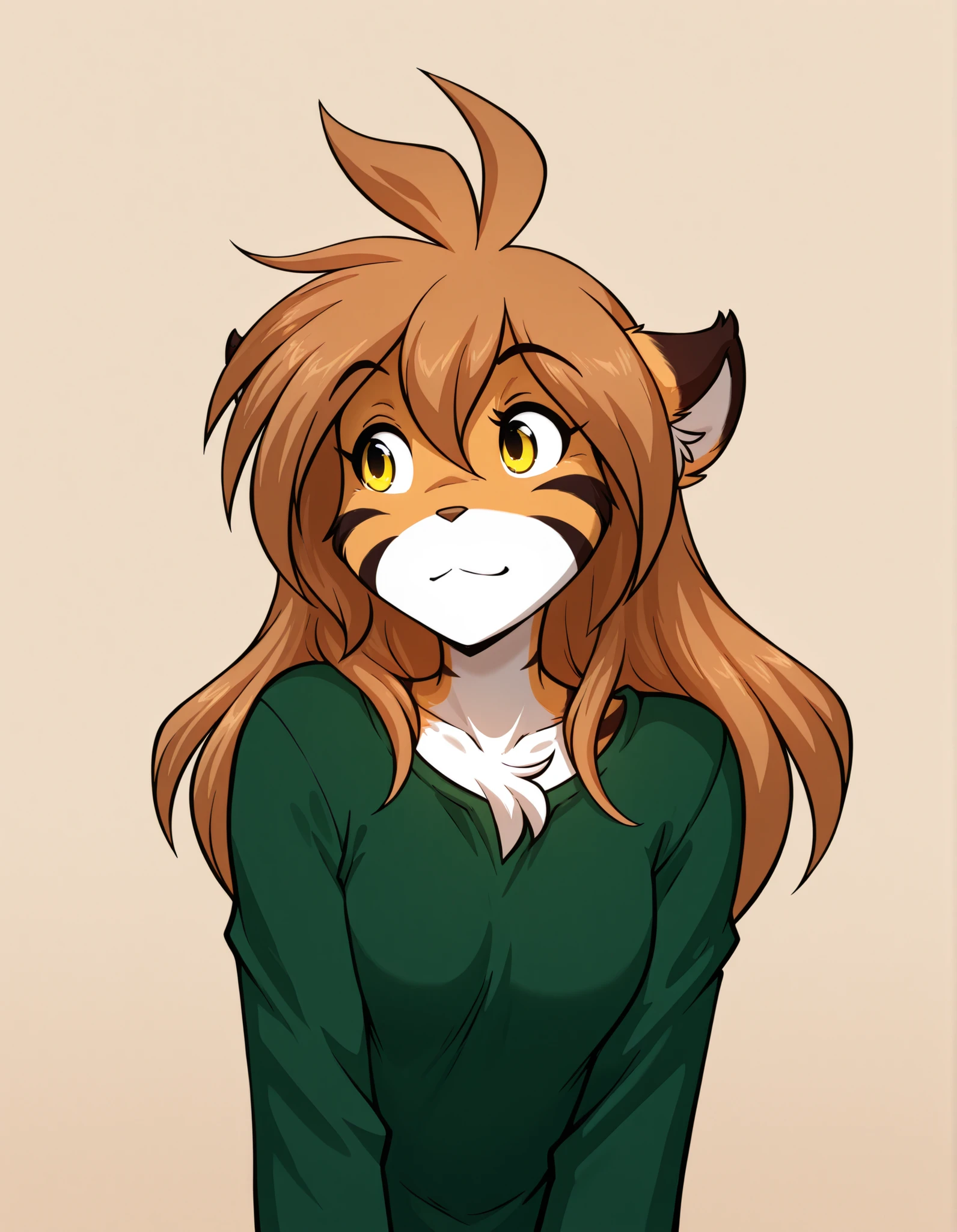 ,, furry, solo, flora-twokinds, flora_twokinds,, tiger, striped fur, keidran, yellow eyes, anthro, simple background,,, green shirt