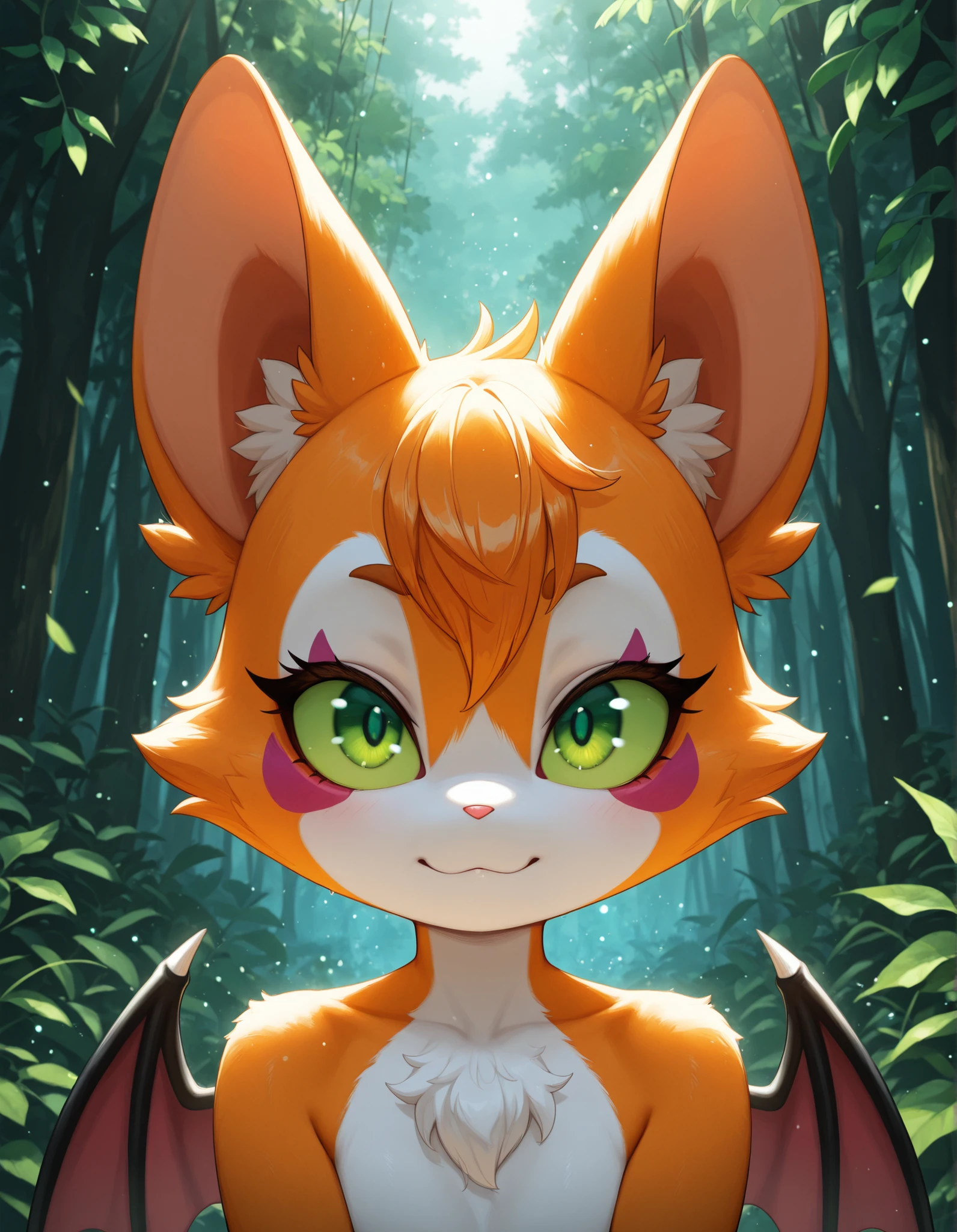,, masterpiece, best quality, very aesthetic, (1girl:0.7),, (solo:1.3), furry, fidget \(elysian tail\), nimbat, fidget_daet, anthro, furry female, wings, tail, green eyes, colored sclera, bat wings, facial markings, orange fur, white fur, two-tone fur,membranous wings, fluffy, portrait, big eyes, young, BREAK, masterpiece, best quality, high quality, particles effect, [:by Desubox:0.15], [:by Anchee, by Snowskau:0.55], detailed background, detailed foreground, subtle shadows, depth of field, backlighting, plant, nude