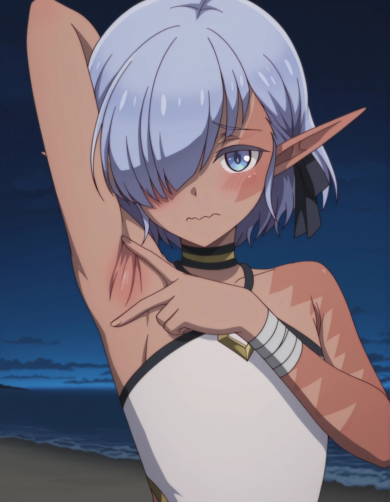 cariaerful, dark elf, dark-skinned female, short hair,  blue hair, hair over one eye, blue eyes, pointy ears, bandaged arm, black choker, burn on face, burnt arm, flat chest, white top, halterneck, sleeveless, black shorts, anime screencap, high quality, solo, upper body, (contrapposto), <lora:spread-armpit-illustriousxl-lora-nochekaiser:1>, spread armpit, armpits, armpit focus, v, closed mouth, night sky, beach, looking at viewer, wavy mouth, blush, best quality,