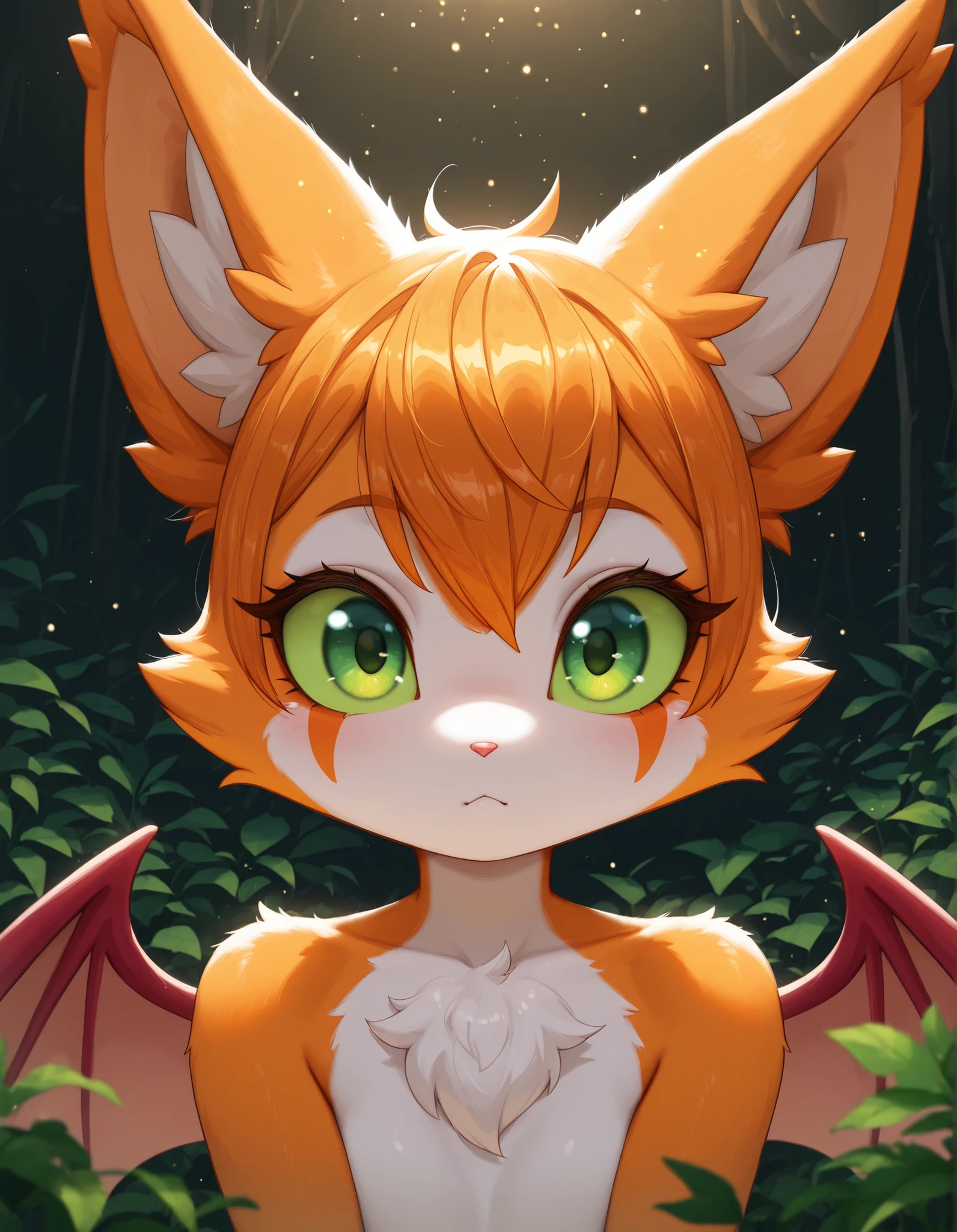 ,, masterpiece, best quality, very aesthetic, (1girl:0.7),, (solo:1.3), furry, fidget \(elysian tail\), nimbat, fidget_daet, anthro, furry female, wings, tail, green eyes, colored sclera, bat wings, facial markings, orange fur, white fur, two-tone fur,membranous wings, fluffy, portrait, big eyes, young, BREAK, masterpiece, best quality, high quality, particles effect, [:by Desubox:0.15], [:by Anchee, by Snowskau:0.55], detailed background, detailed foreground, subtle shadows, depth of field, backlighting, plant, nude