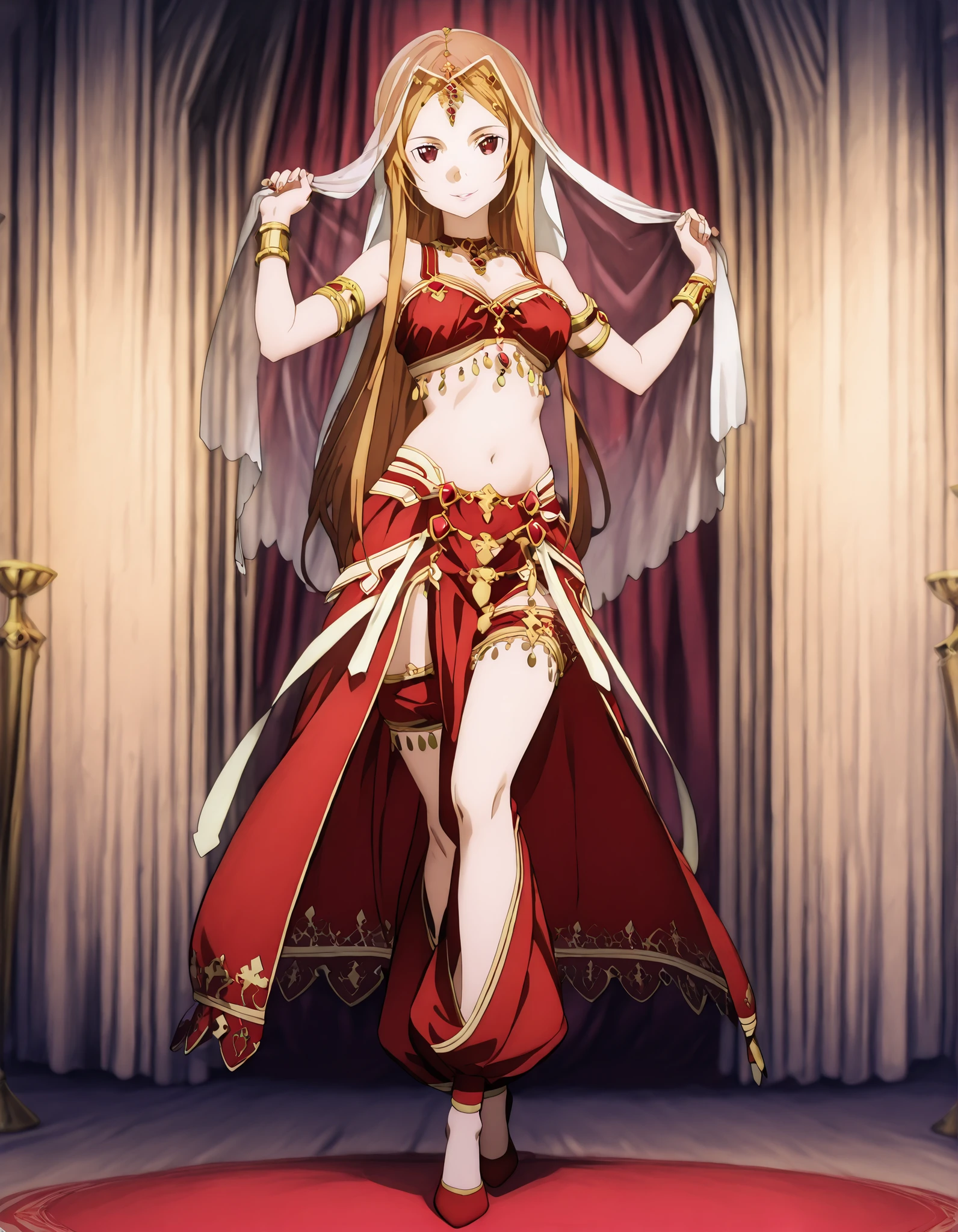 (1girl:1 . 5) , (Seul:1 . 5) , score_9 , score_8_haut , score_7_haut , source_anime , Official work , ultra-detailed , masterpiece , better quality , high resolution , beaux yeux , detailed eyes , Detailed face , beautiful detailed eyes ,Sword Art Online,Sortiliena Serlut,Arabian Clothes , Arabian Dancer ,belly dancer costume,belly dancer outfit ,full body,golden jewelery,armlet, belly dancing,arabian theater,seductive smile, dancing with veil, dynamic movement,dance posture, seductive pose