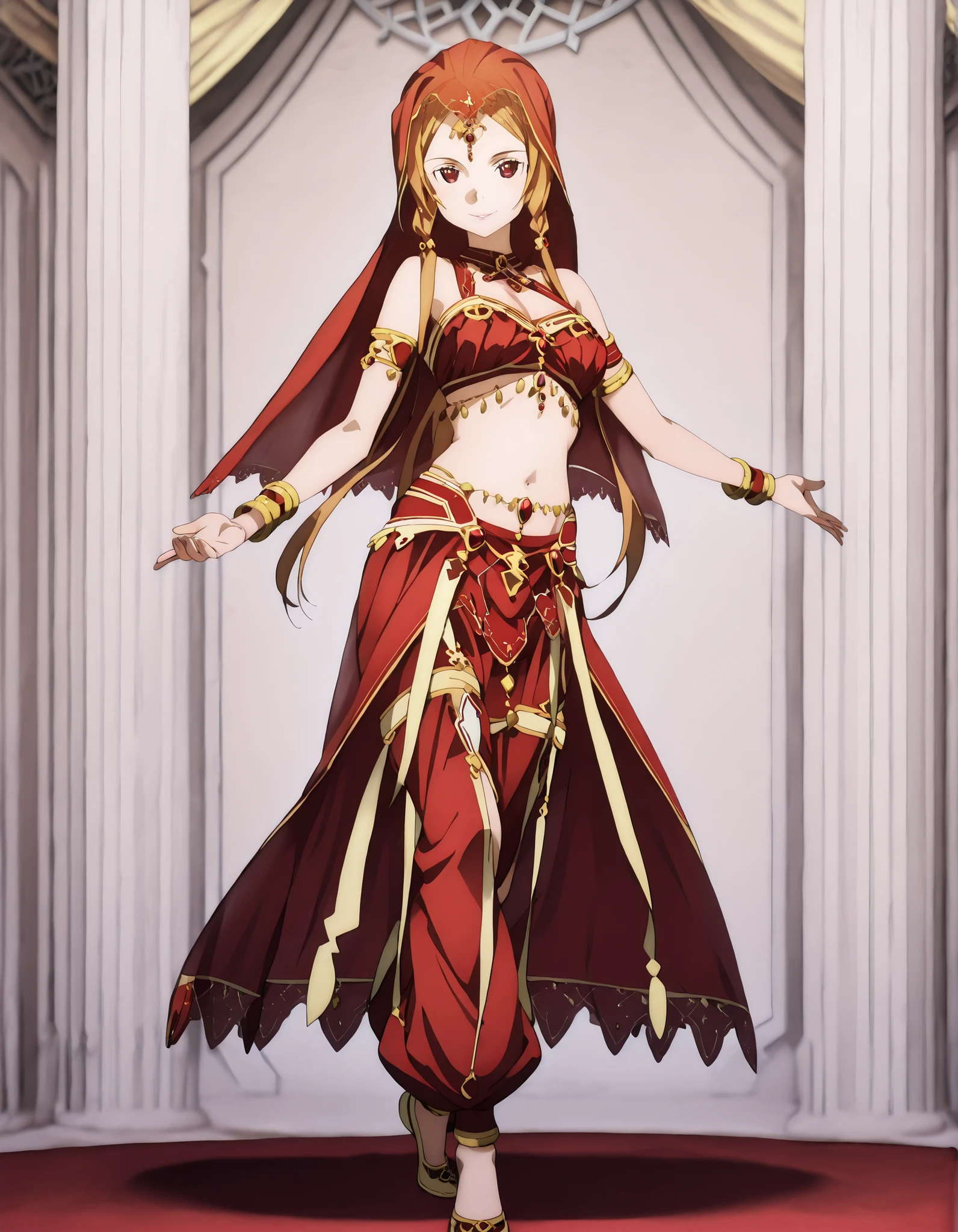 (1girl:1 . 5) , (Seul:1 . 5) , score_9 , score_8_haut , score_7_haut , source_anime , Official work , ultra-detailed , masterpiece , better quality , high resolution , beaux yeux , detailed eyes , Detailed face , beautiful detailed eyes ,Sword Art Online,Sortiliena Serlut,Arabian Clothes , Arabian Dancer ,belly dancer costume,belly dancer outfit ,full body,golden jewelery,armlet, belly dancing,arabian theater,seductive smile, dancing with veil, dynamic movement,dance posture, seductive pose
