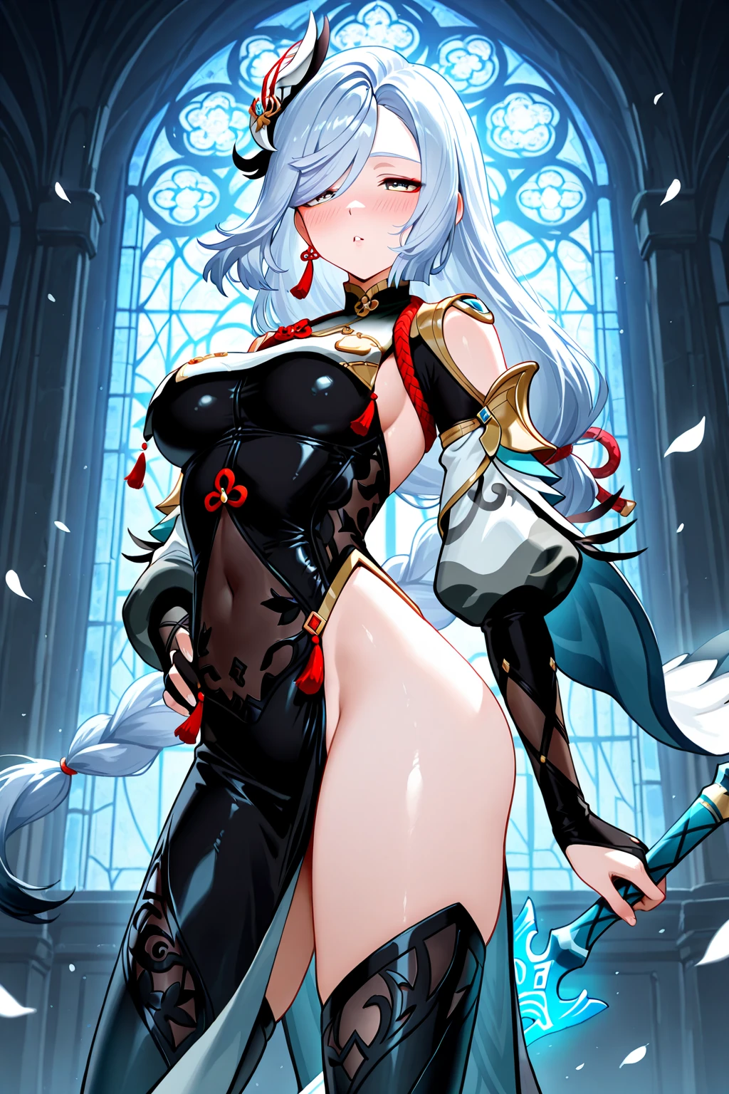 Highest quality, masterpiece, Ultra-high resolution, (Realistic:1.4), RAW Photos, Woman doing ??????? dance　Love Hotel　Vulgar tattoos　Hiding the eyes with your hands　smile　Blindfold　devil　Low - Angle　Leg spread　Show off your ?????