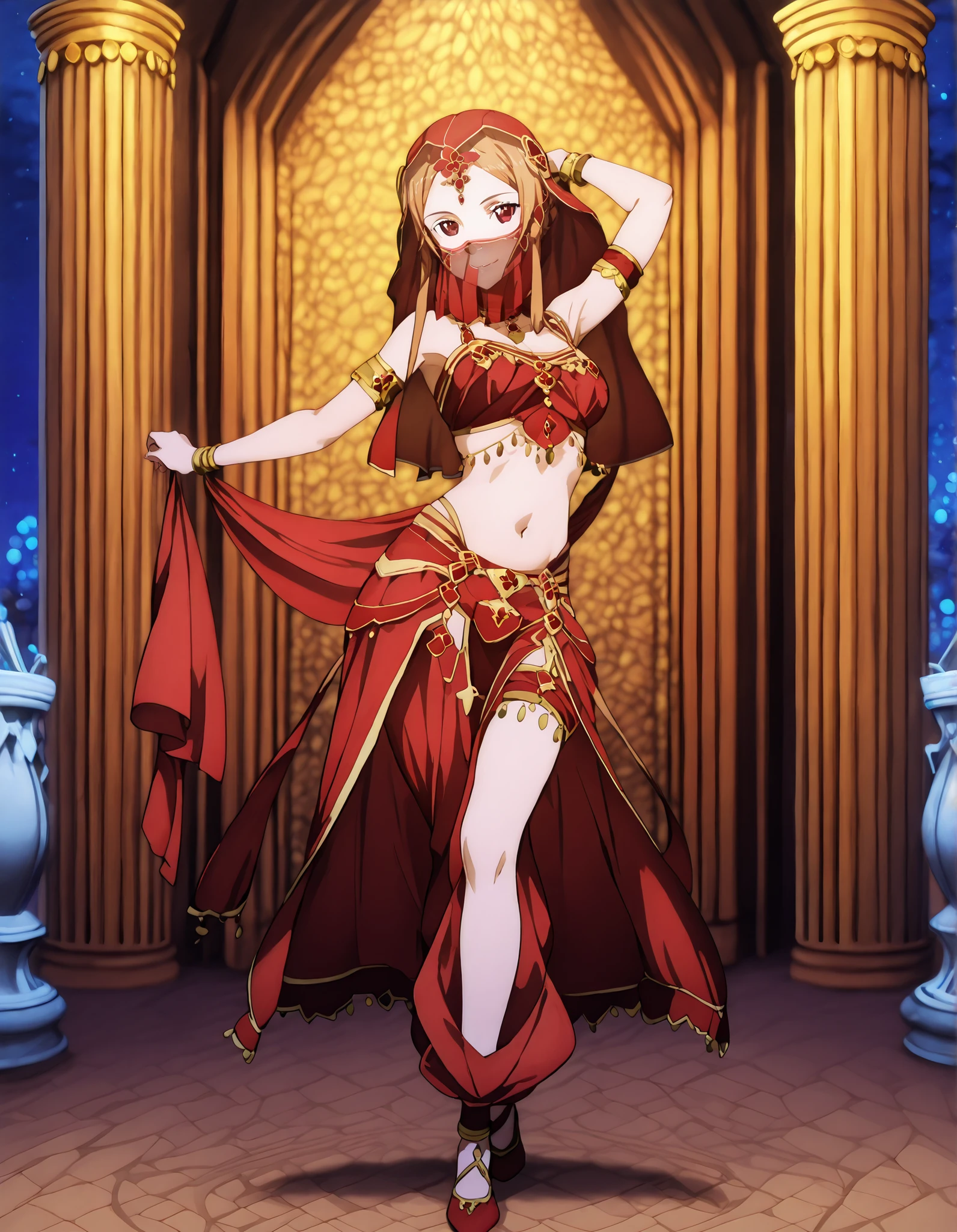 (1girl:1 . 5) , (Seul:1 . 5) , score_9 , score_8_haut , score_7_haut , source_anime , Official work , ultra-detailed , masterpiece , better quality , high resolution , beaux yeux , detailed eyes , Detailed face , beautiful detailed eyes ,Sword Art Online,Sortiliena Serlut,Arabian Clothes , Arabian Dancer ,belly dancer costume,belly dancer outfit ,full body,golden jewelery,mouth veil,armlet, belly dancing,night,arabian garden,seductive smile, dancing with veil, dynamic movement,dance posture, seductive pose