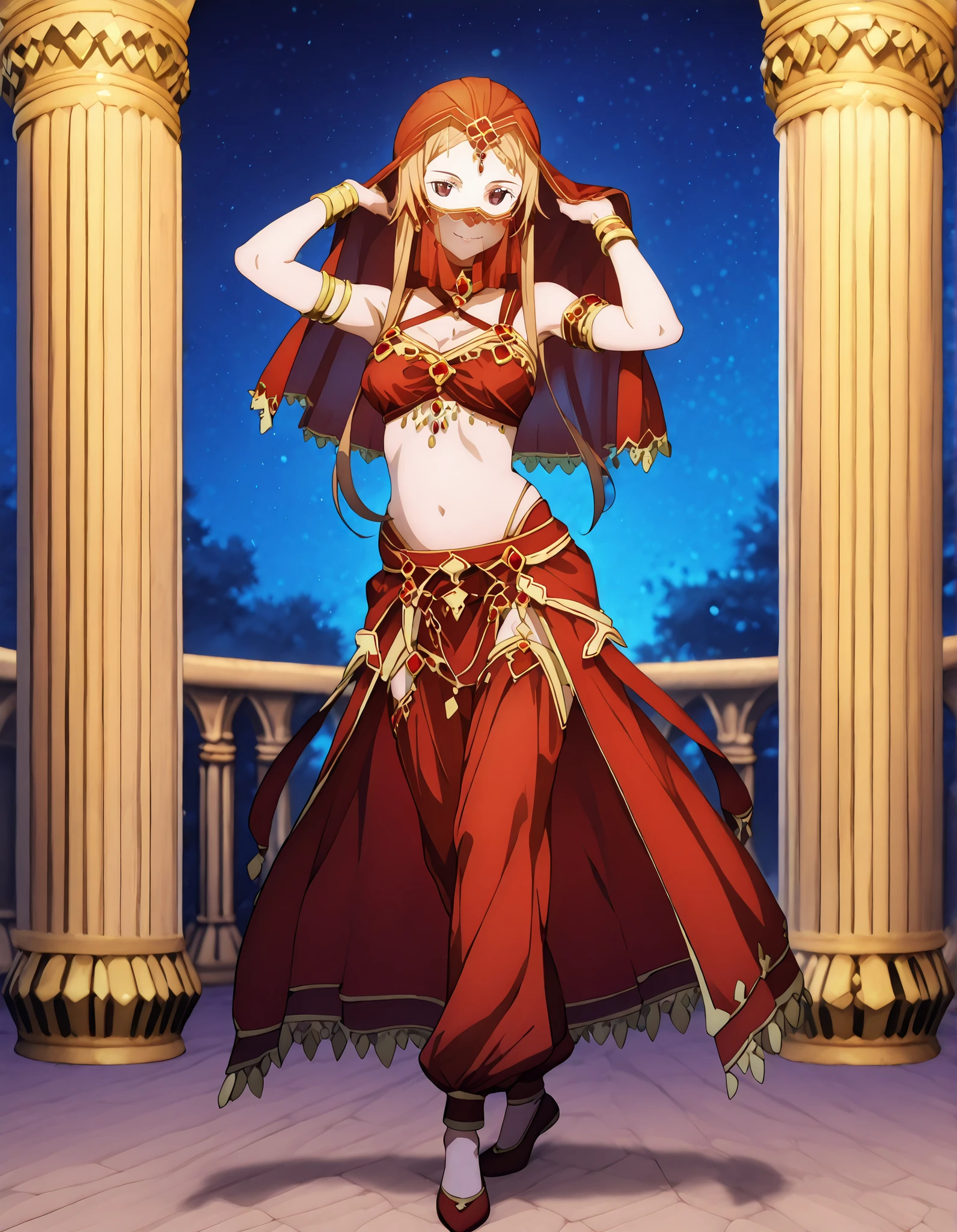 (1girl:1 . 5) , (Seul:1 . 5) , score_9 , score_8_haut , score_7_haut , source_anime , Official work , ultra-detailed , masterpiece , better quality , high resolution , beaux yeux , detailed eyes , Detailed face , beautiful detailed eyes ,Sword Art Online,Sortiliena Serlut,Arabian Clothes , Arabian Dancer ,belly dancer costume,belly dancer outfit ,full body,golden jewelery,mouth veil,armlet, belly dancing,night,arabian garden,seductive smile, dancing with veil, dynamic movement,dance posture, seductive pose
