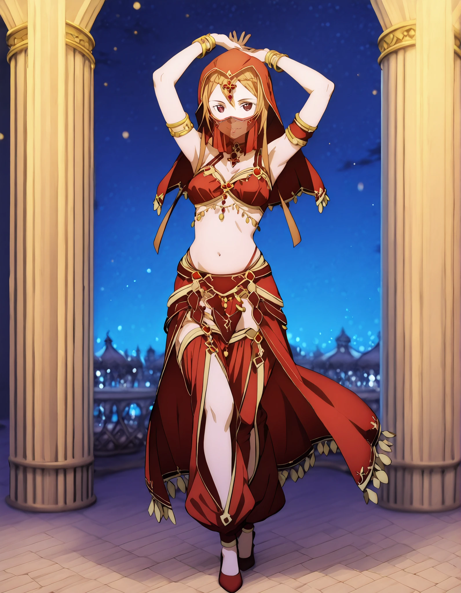 (1girl:1 . 5) , (Seul:1 . 5) , score_9 , score_8_haut , score_7_haut , source_anime , Official work , ultra-detailed , masterpiece , better quality , high resolution , beaux yeux , detailed eyes , Detailed face , beautiful detailed eyes ,Sword Art Online,Sortiliena Serlut,Arabian Clothes , Arabian Dancer ,belly dancer costume,belly dancer outfit ,full body,golden jewelery,mouth veil,armlet, belly dancing,night,arabian garden,seductive smile, dancing with veil, dynamic movement,dance posture, seductive pose