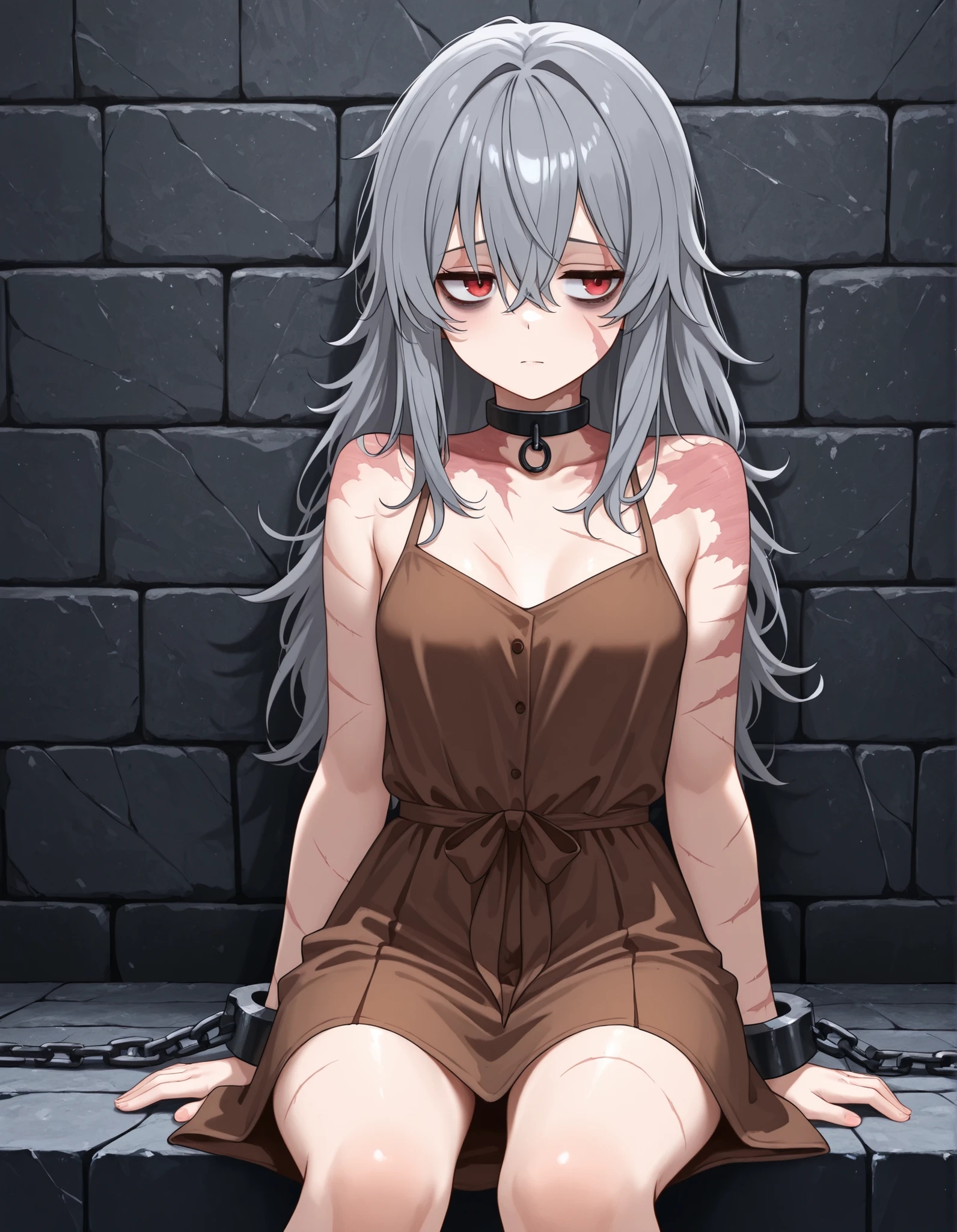 ,, stone wall background,1girl, solo, (red eyes), choker, shackles, chains, cowboy shot, open legs, sitting, feet, toes, hands on the sides, OverallDetail, komekko,, (masterpiece, best quality, absurdres), 1girl, solo, small breasts, dark gray hair, long hair, gray eyes, bags under eyes, scars, burn scars, malnourished, depressed, innexpressive, brown dress, sundress,
