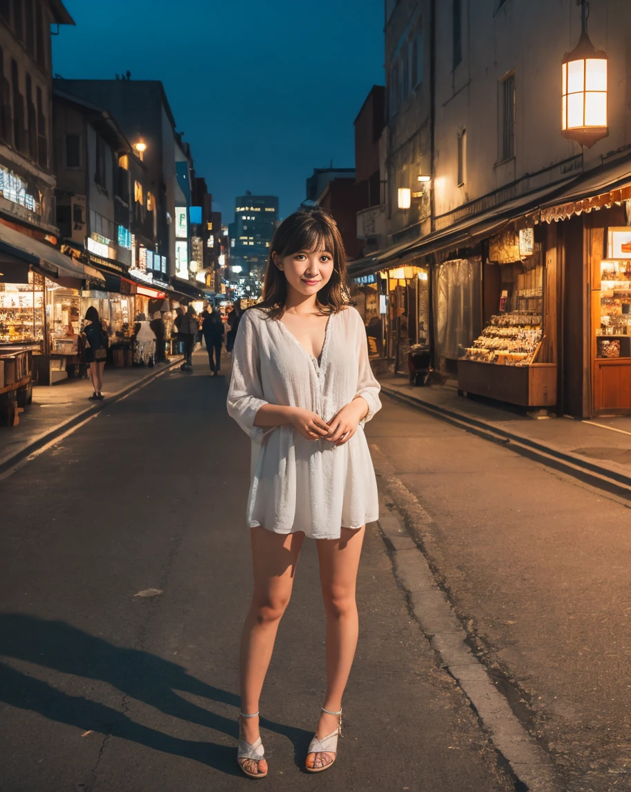 Female supermodel. White sweater. Dim, soft lighting. Sunset. Sugamo Jizodori Shopping Street, Tokyo, Japan. Sunset.