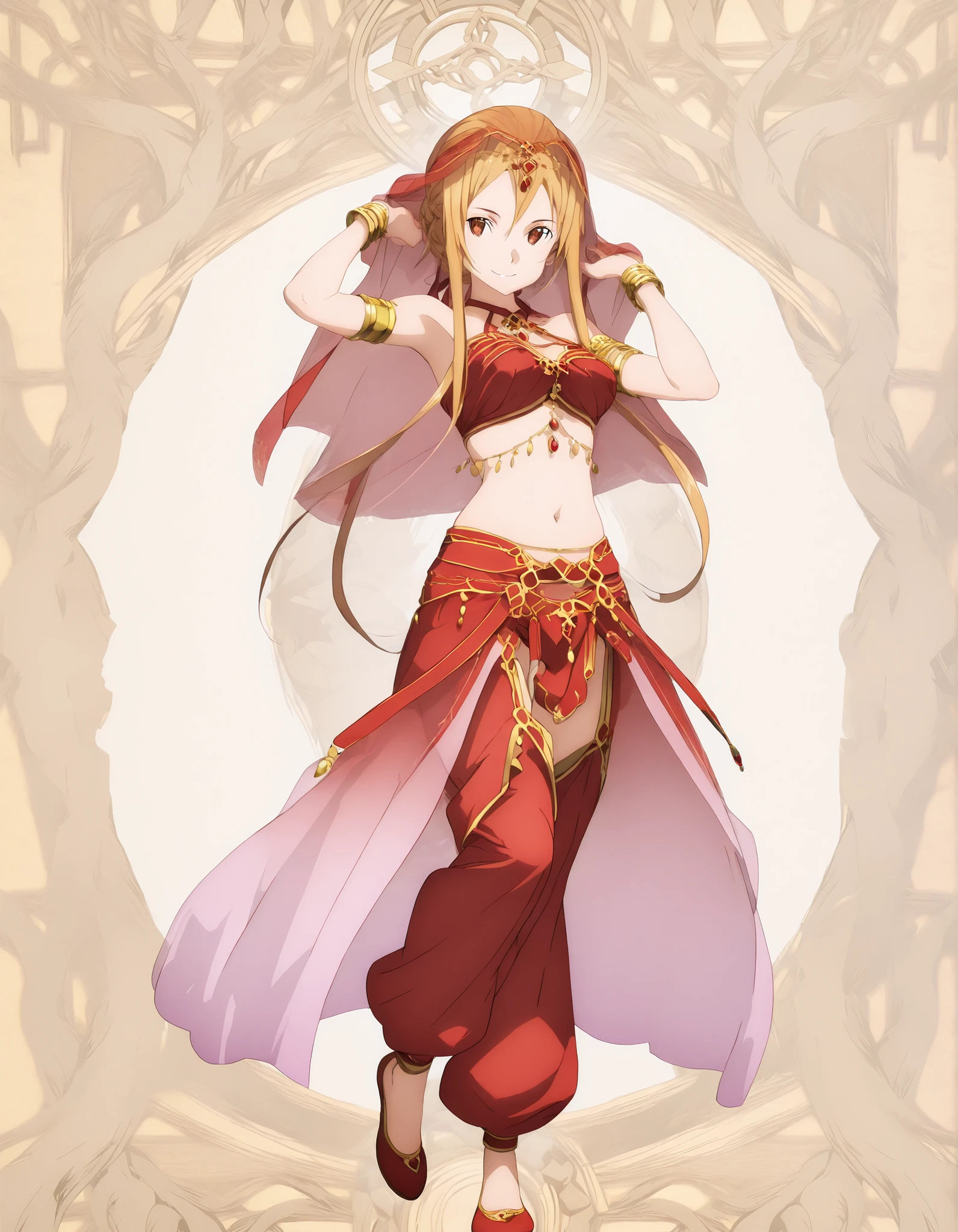 (1girl:1 . 5) , (Seul:1 . 5) , score_9 , score_8_haut , score_7_haut , source_anime , Official work  , ultra-detailed , masterpiece , better quality , high resolution , beaux yeux , detailed eyes , Detailed face , beautiful detailed eyes ,Sword Art Online,Sortiliena Serlut,Arabian Clothes , Arabian Dancer ,belly dancer costume,belly dancer outfit ,full body,golden jewelery,armlet, belly dancing,arabian garden,seductive smile, dancing with veil, dynamic movement,dance posture, seductive pose